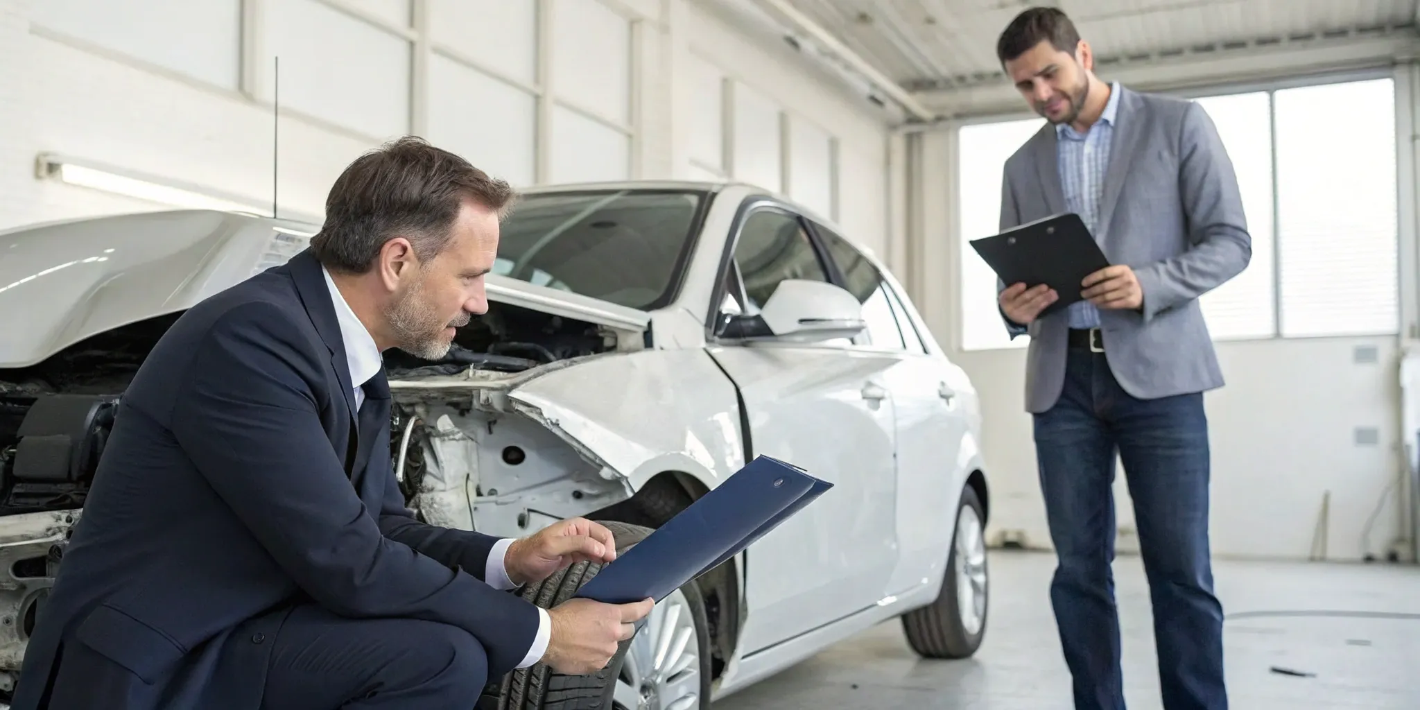 A property damage lawyer inspects a damaged car after an accident.