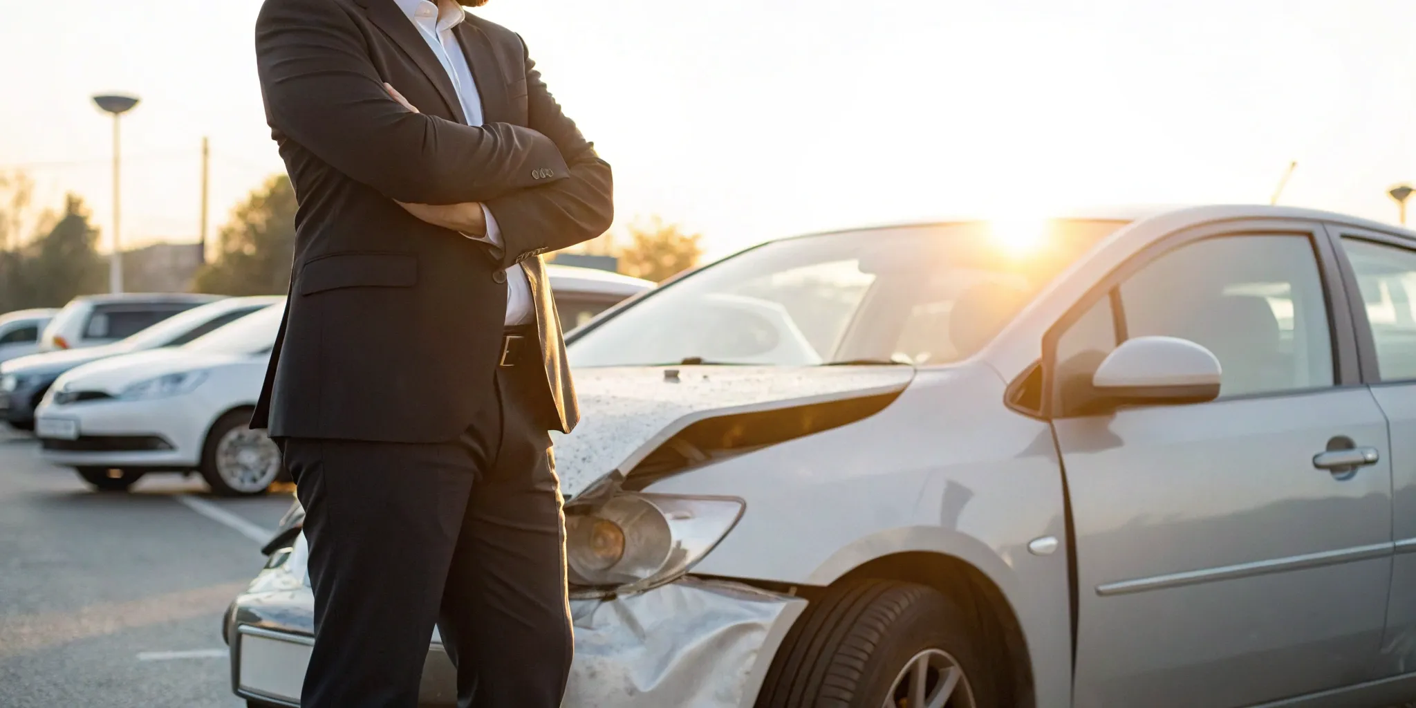 Frustrated man by his wrecked car after a bad faith insurance claim denial.