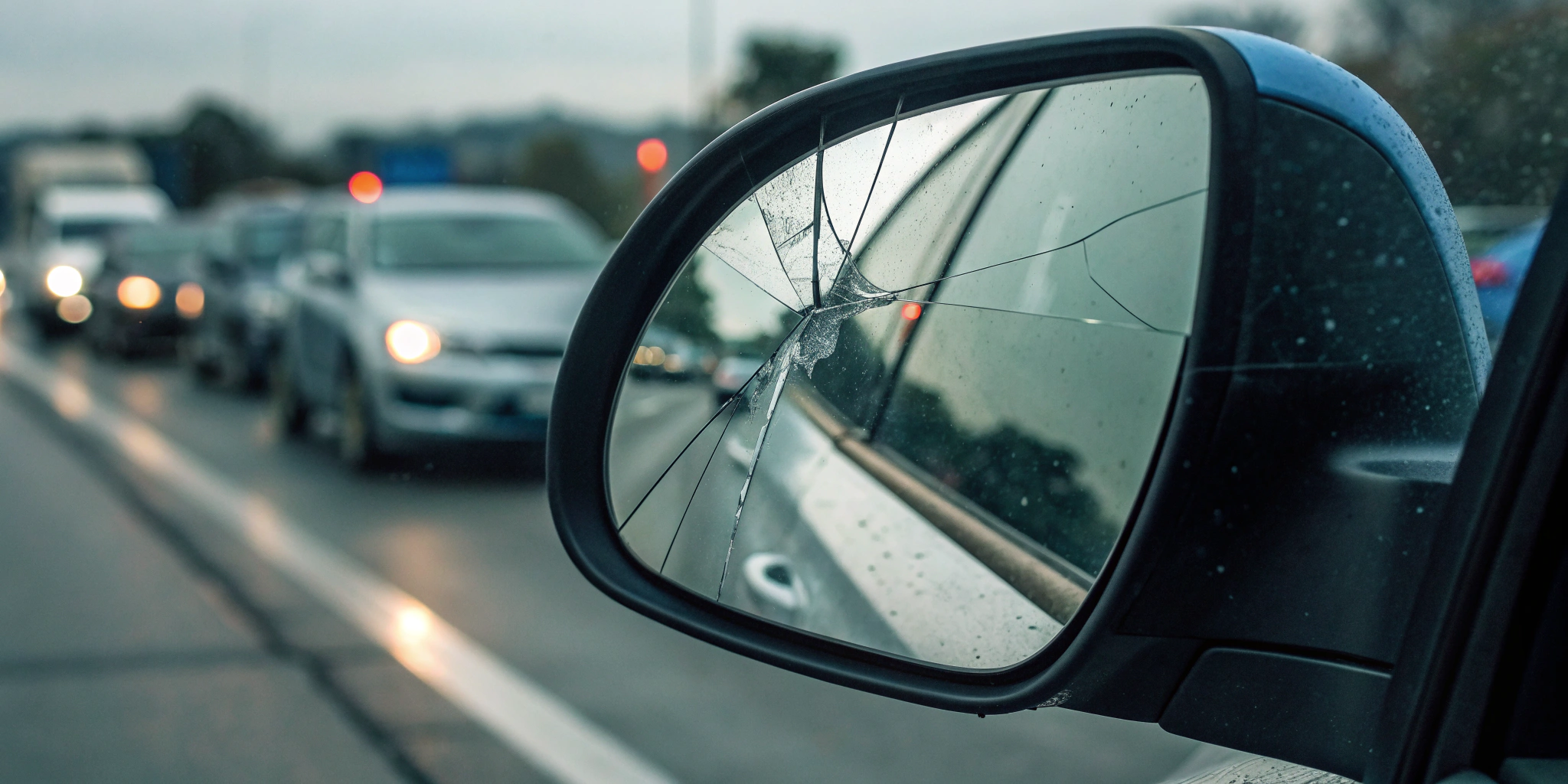 A cracked mirror shows damage a diminished value calculator might underestimate.