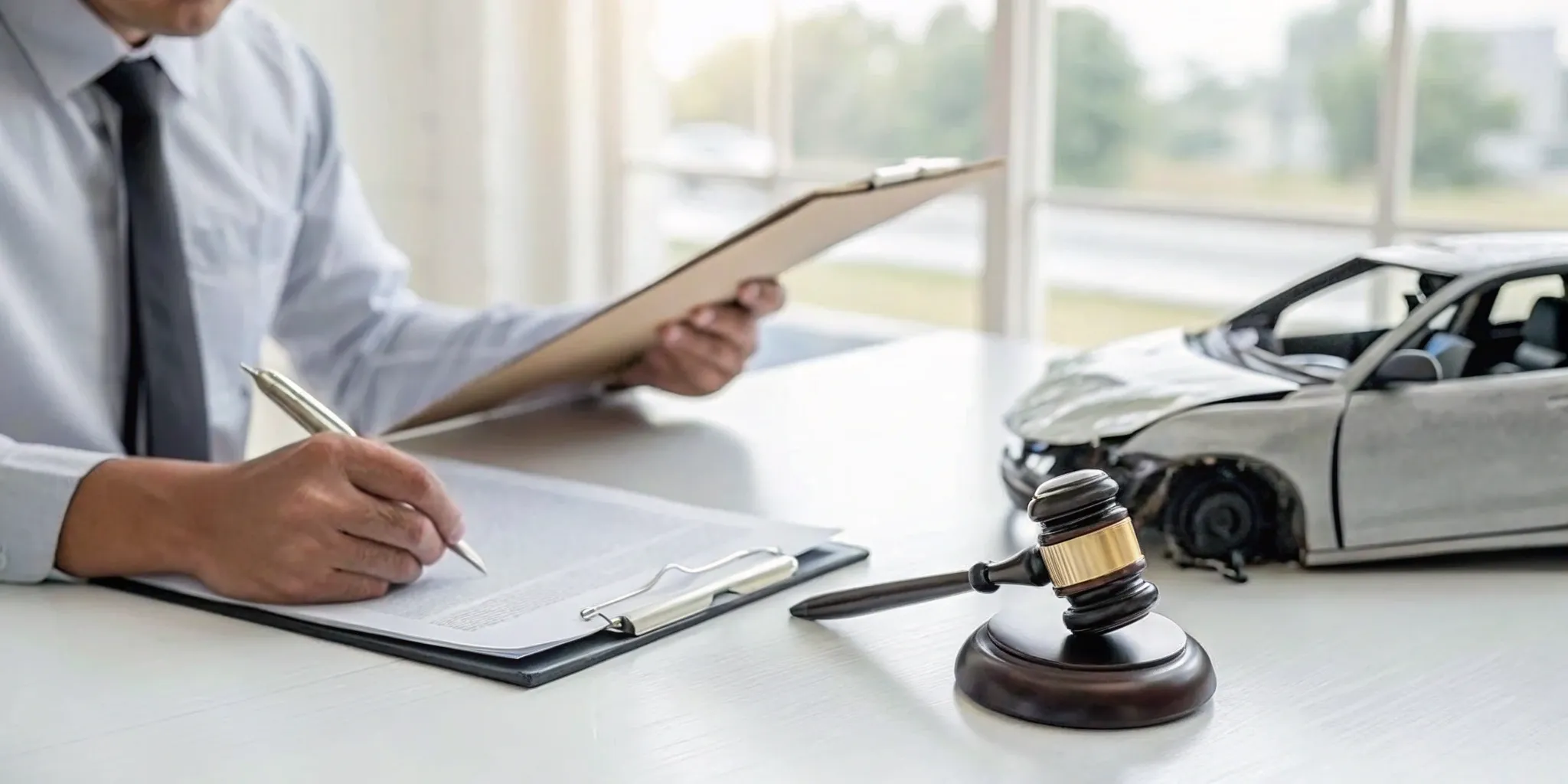 Car accident lawyer reviewing a property damage claim for a wrecked vehicle.