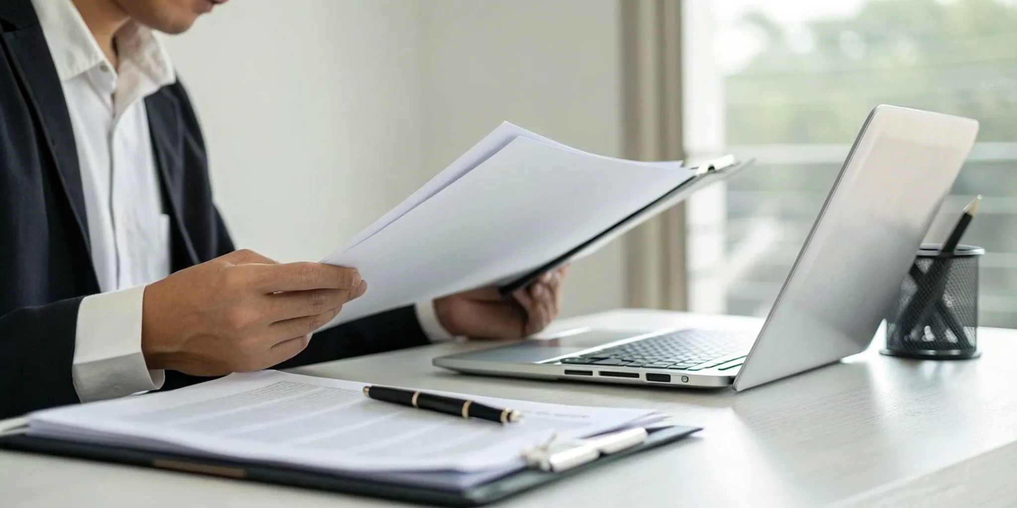 A person at a desk with a laptop reviews the steps on how to file a diminished value claim.