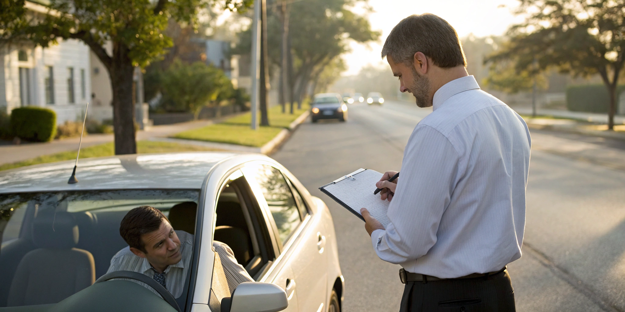 An insurance dispute attorney takes notes while speaking with a client about their claim.