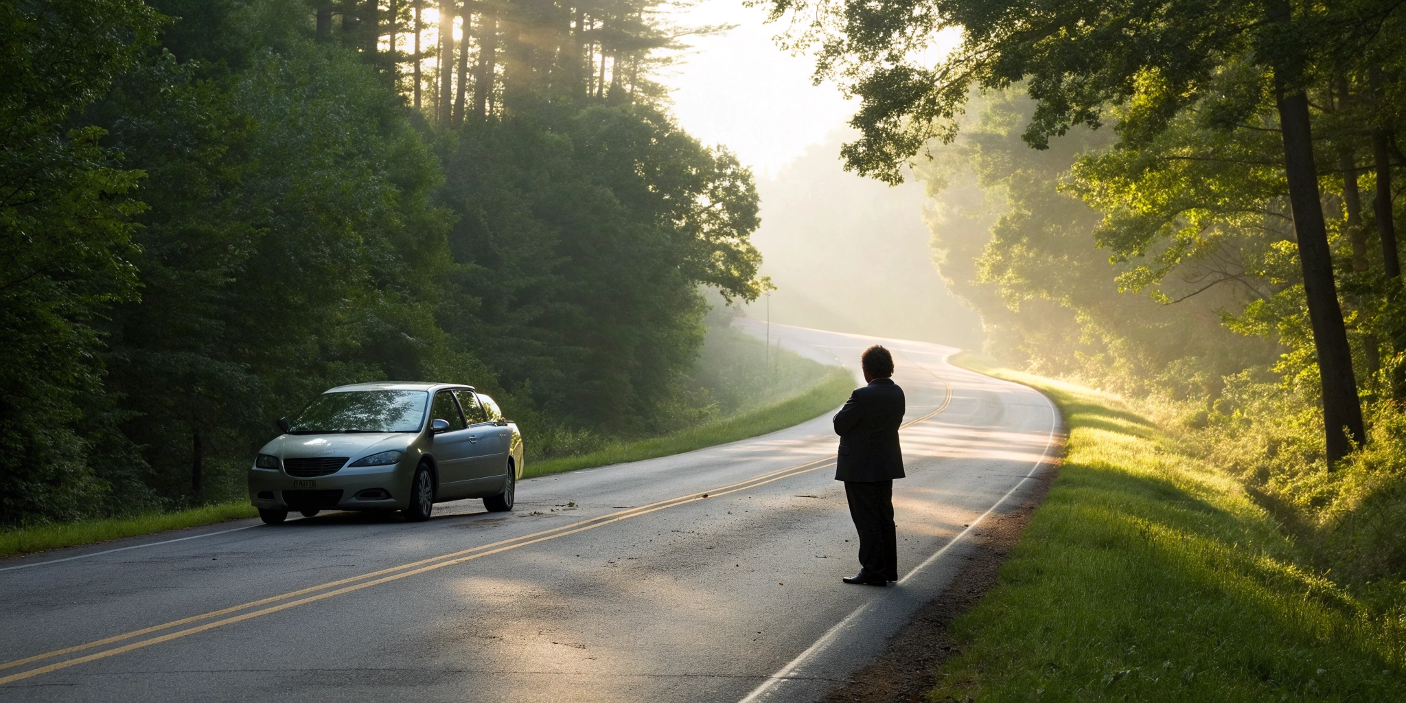 A person standing by their damaged car after an accident, needing a property damage attorney.