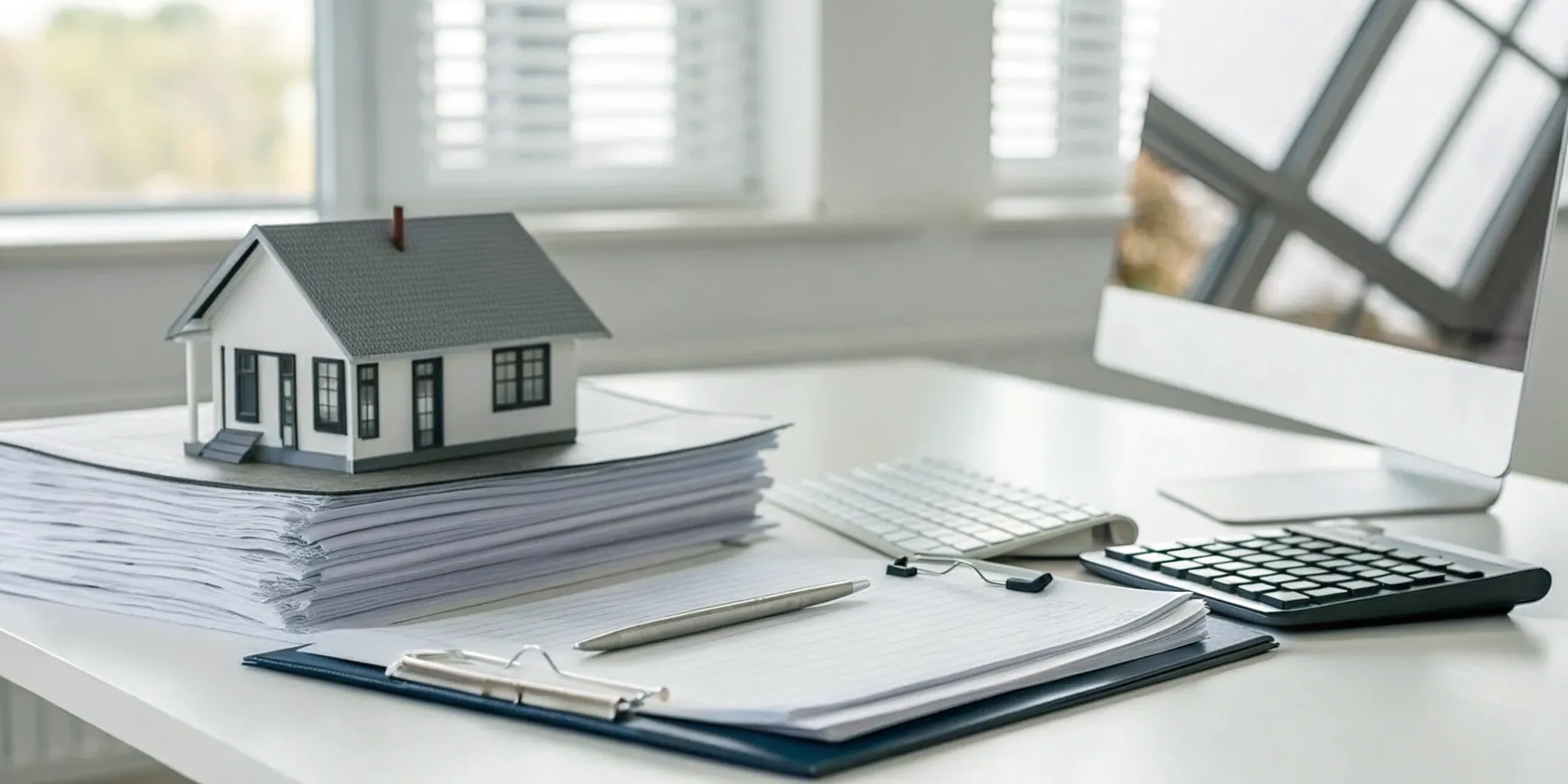 Calculating a home insurance settlement with a model house, documents, and a calculator.