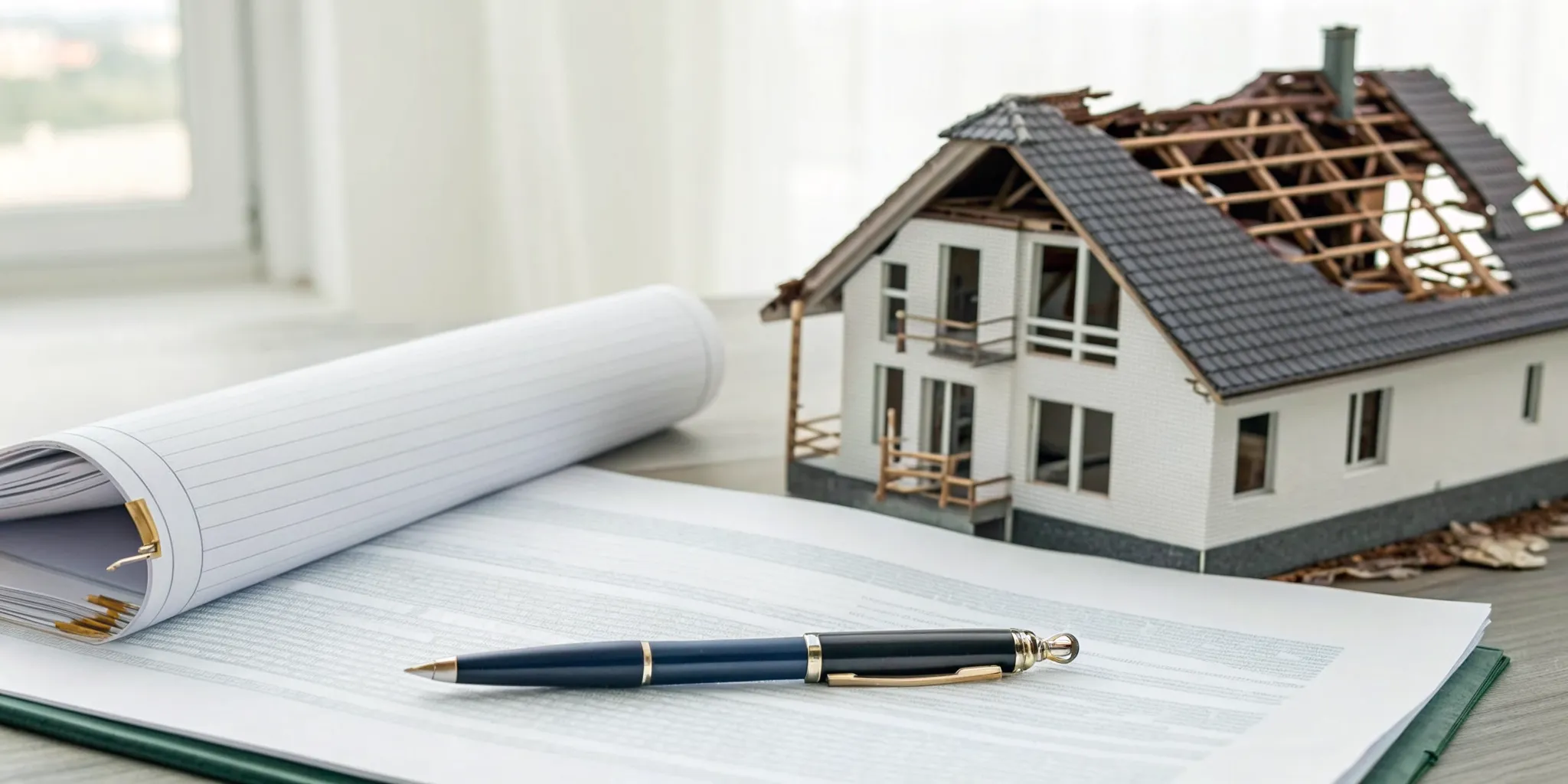 Property damage claim paperwork and a damaged house model on an attorney's desk.