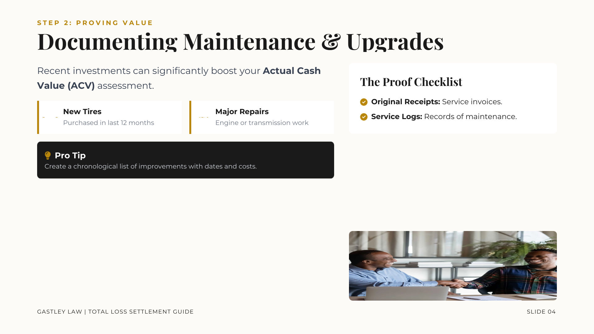 document car maintenance for better total loss negotiations