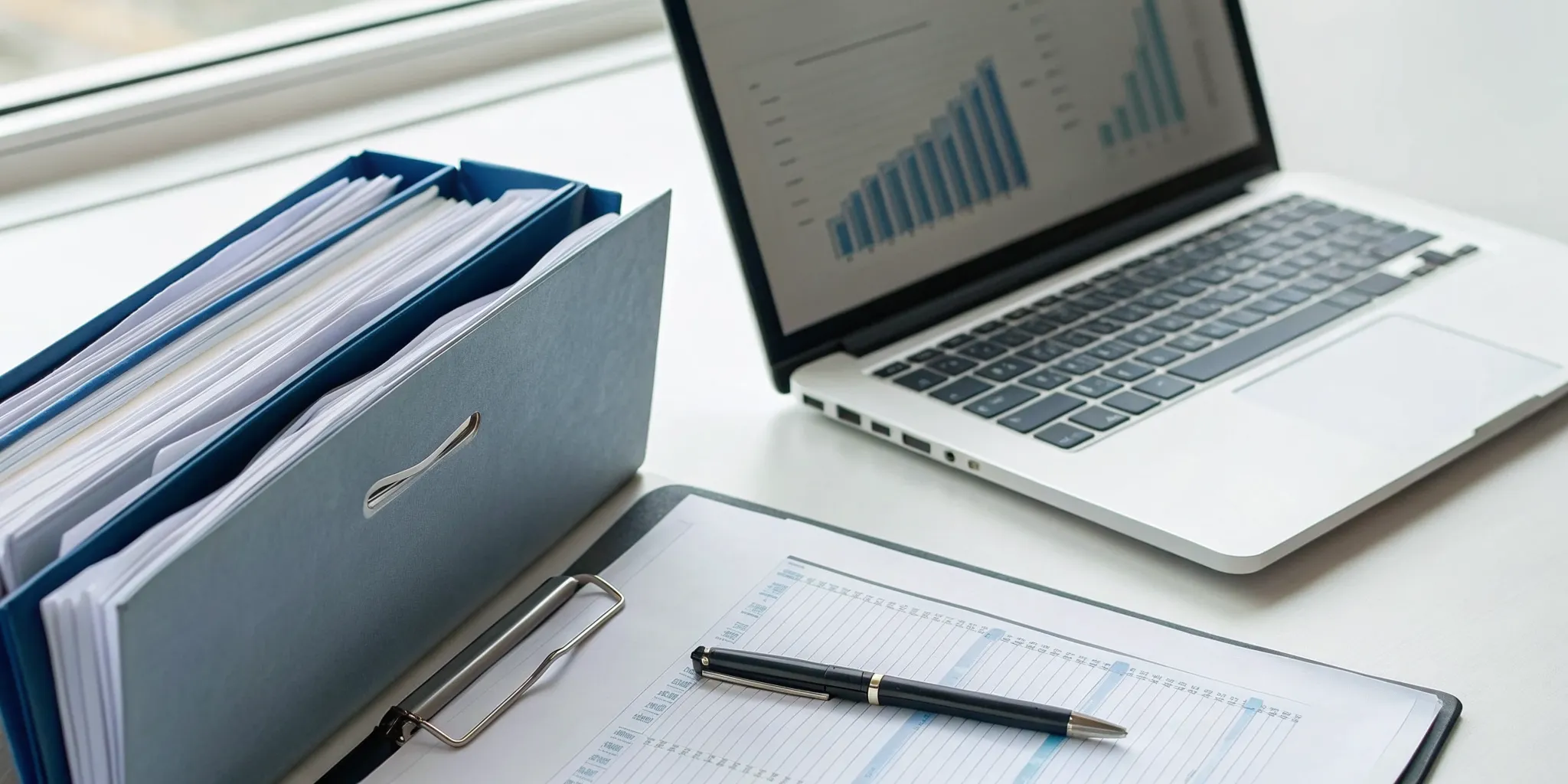 Laptop and documents organized on a desk for a Geico diminished value claim.