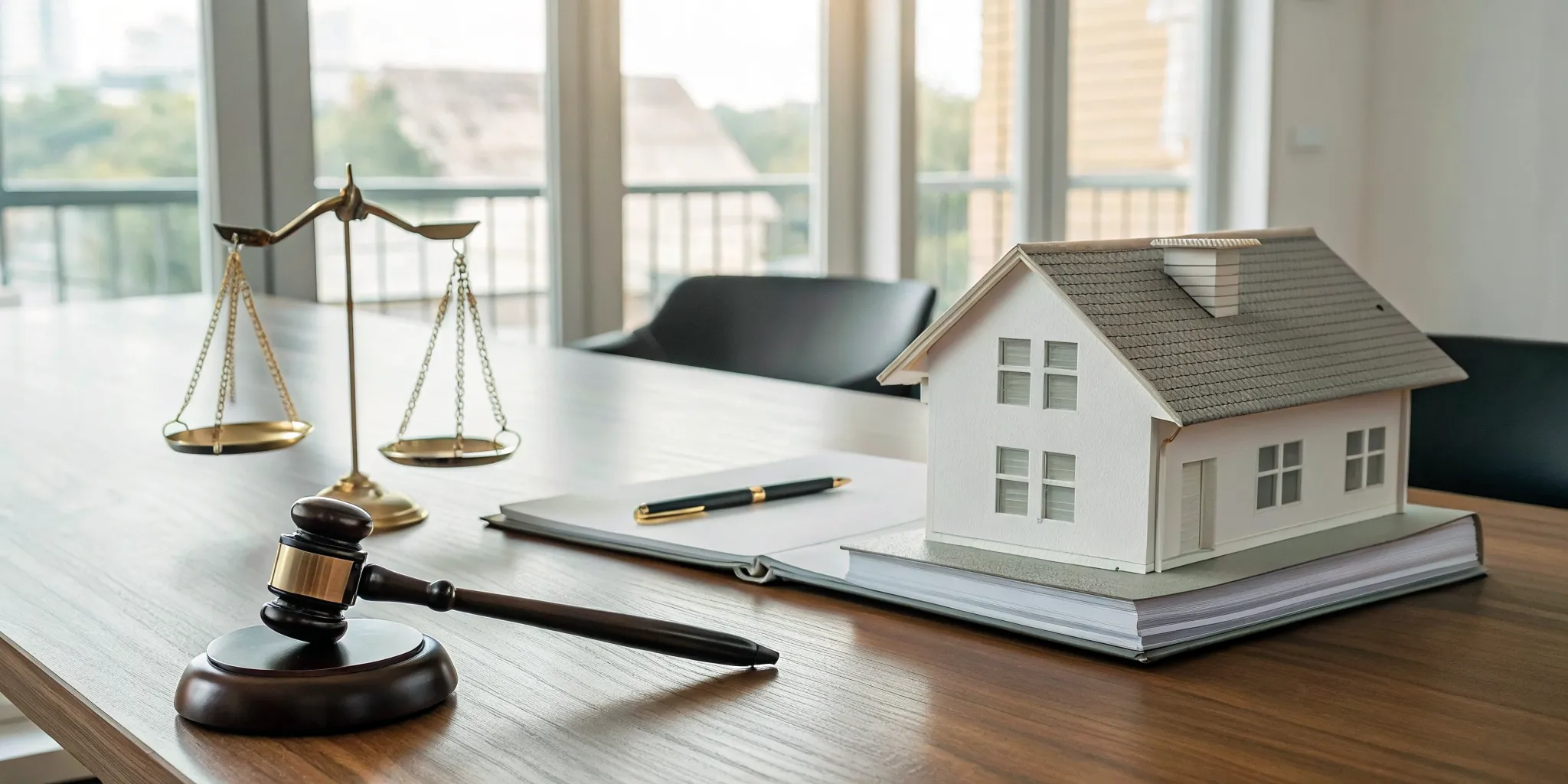 Gavel, scales of justice, and a house model on a desk for a property damage lawsuit.