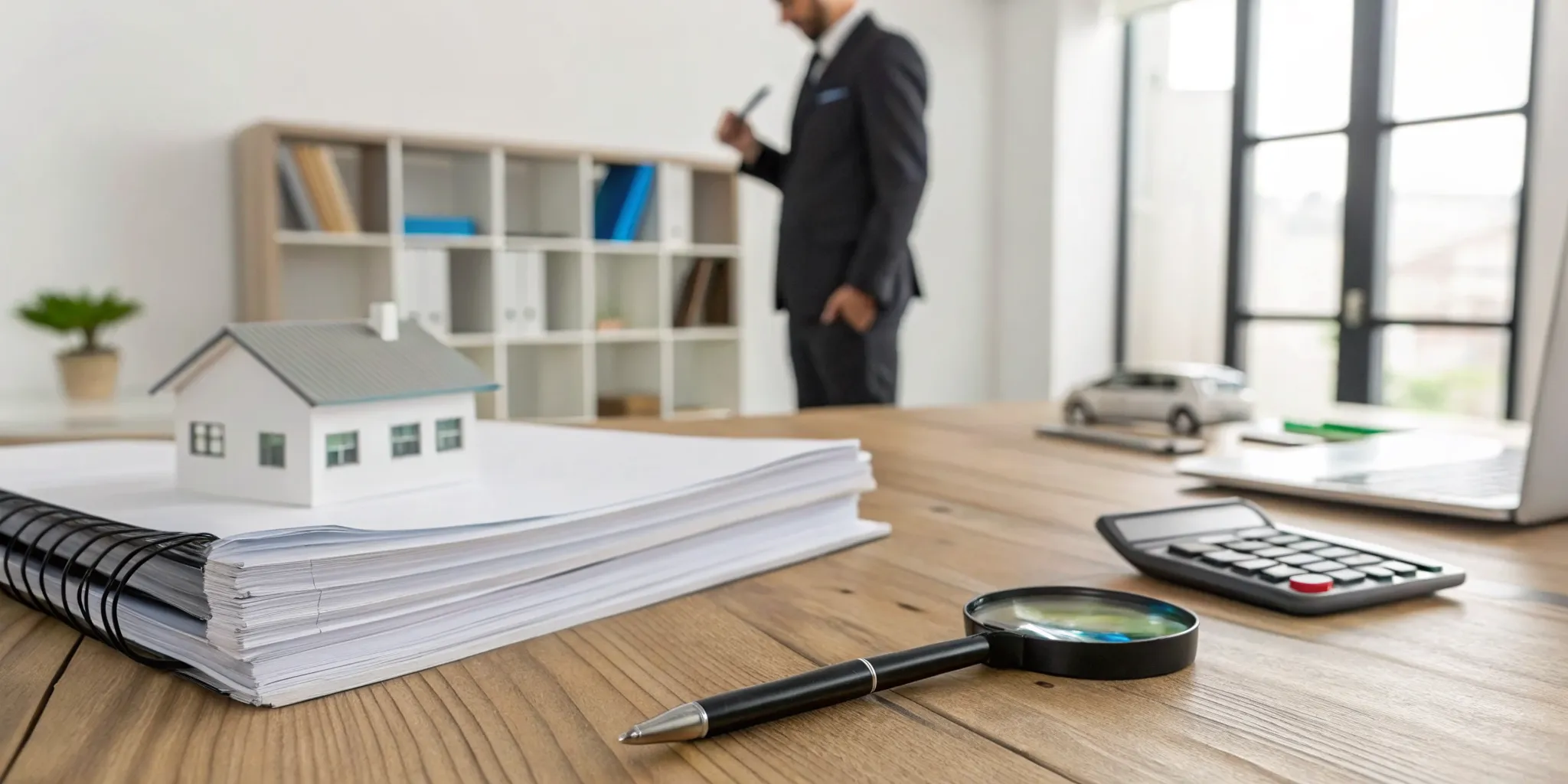 Preparing an insurance claim dispute with documents, a calculator, and a model house.