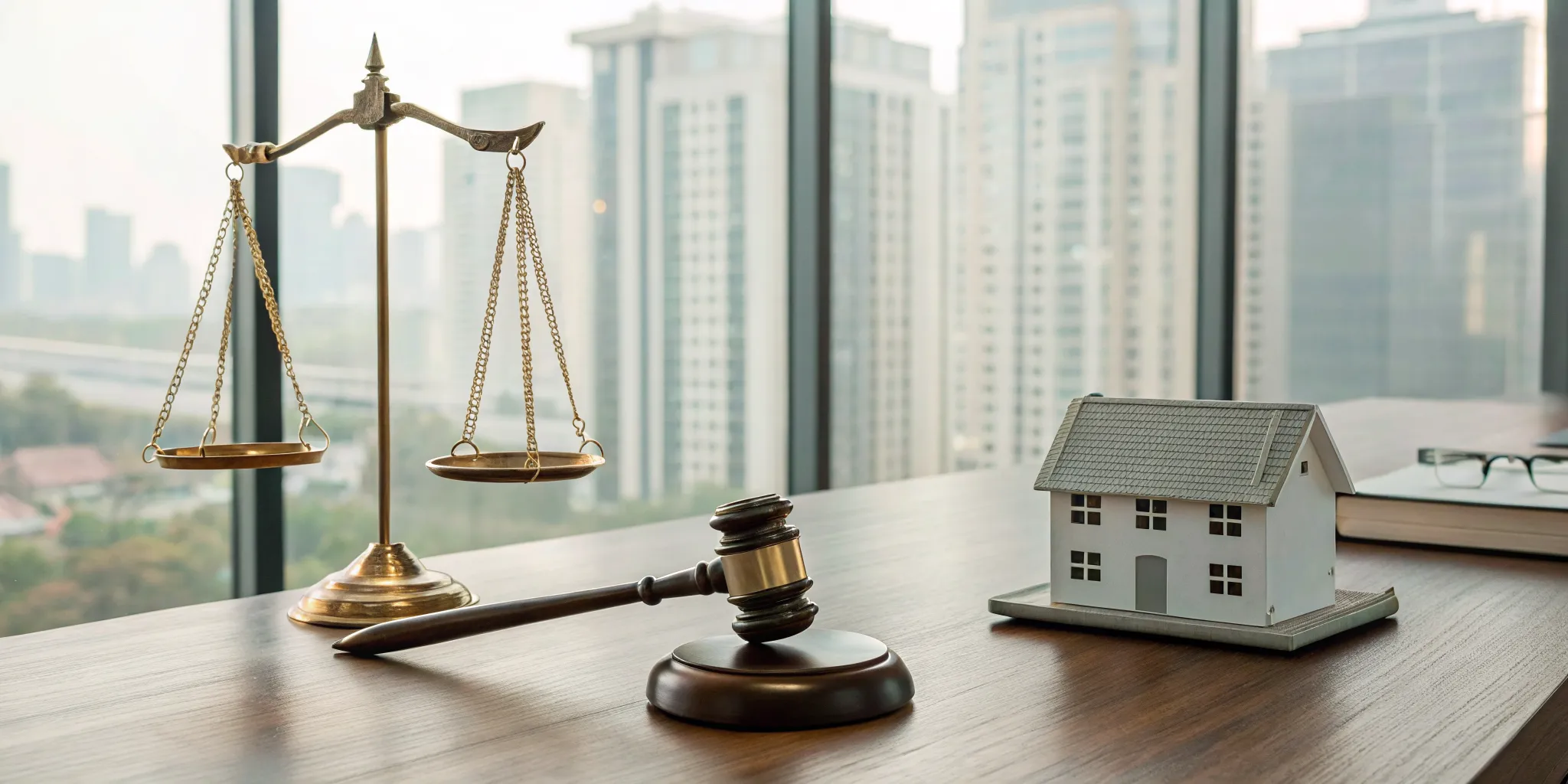 A gavel and scales of justice used to sue for property damage to a home.