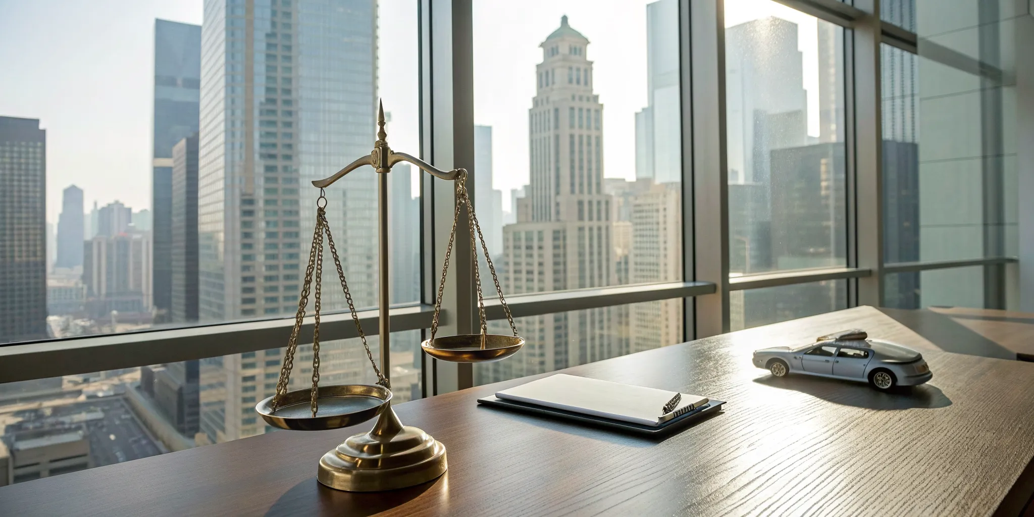 A car, legal documents, and scales of justice for an Illinois diminished value claim.