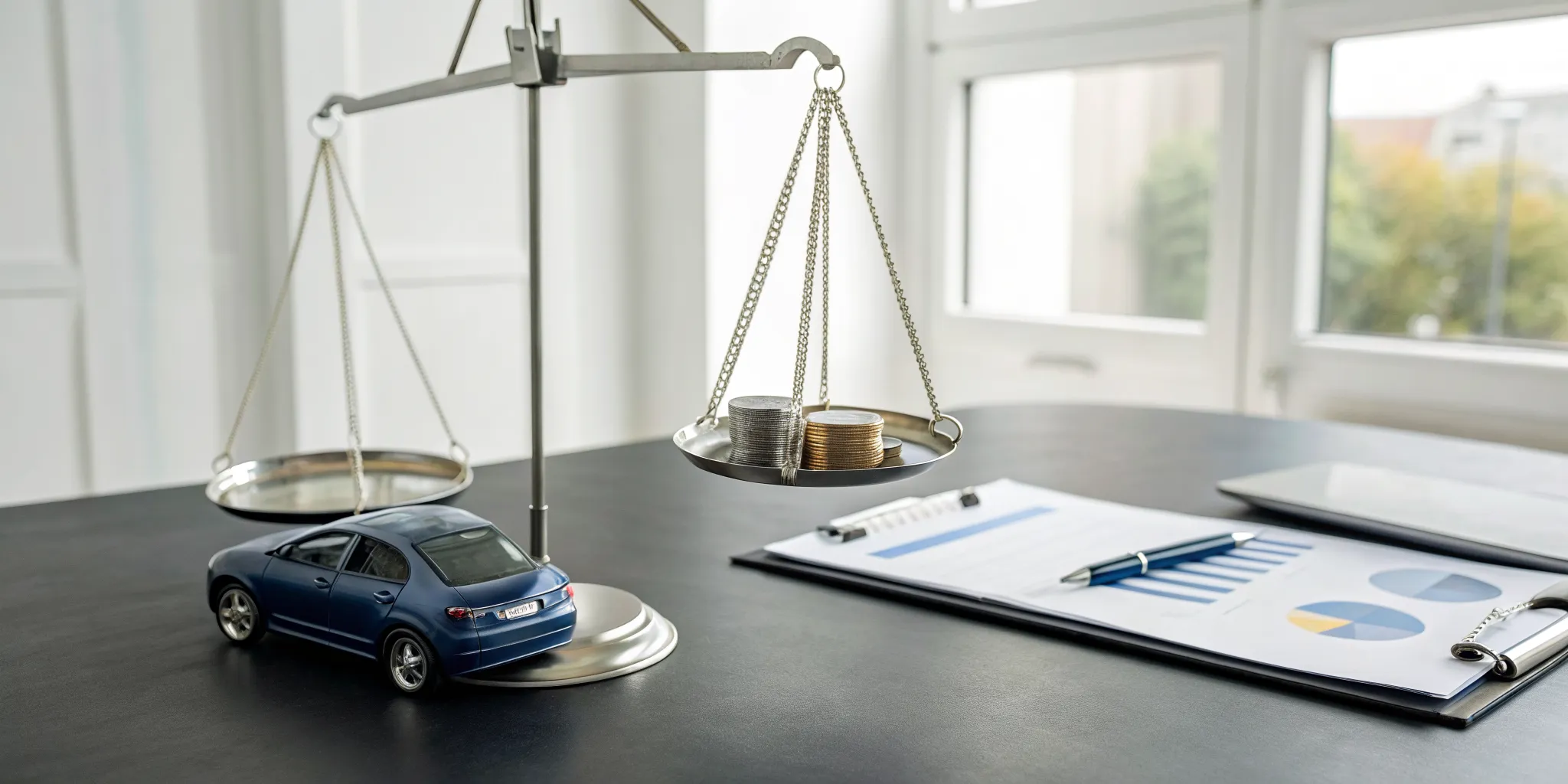 A scale with a toy car and coins demonstrates the financial loss covered in a diminished value report.