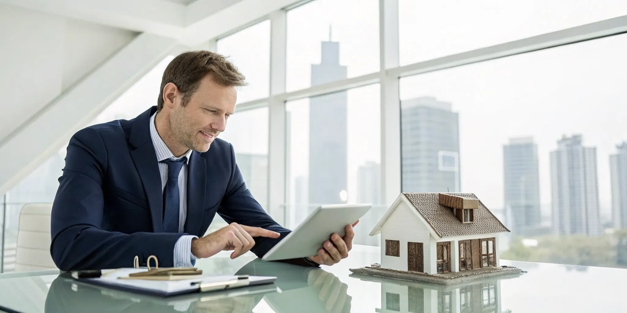Lawyer for property damage claim reviews insurance documents and a house model.