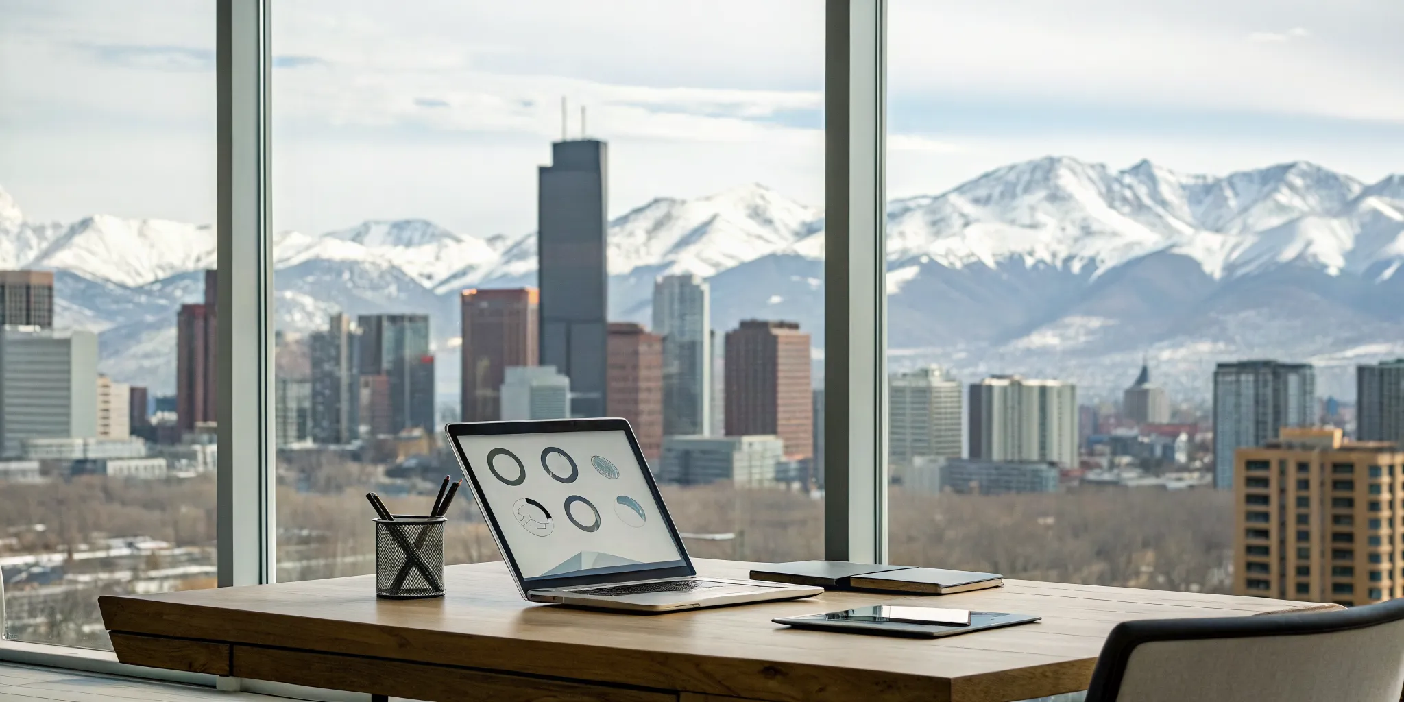 Preparing a Colorado diminished value claim on a laptop at a desk overlooking a city skyline.