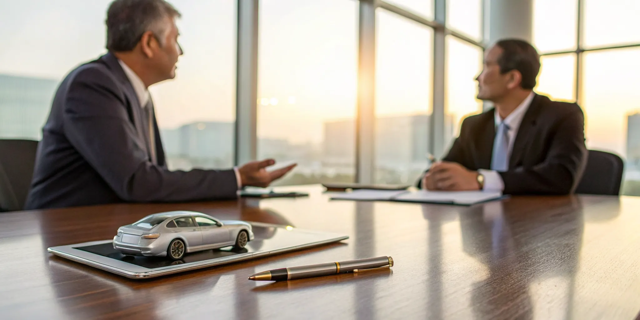 A car owner negotiates a diminished value claim with an insurance adjuster using paperwork and a car model.