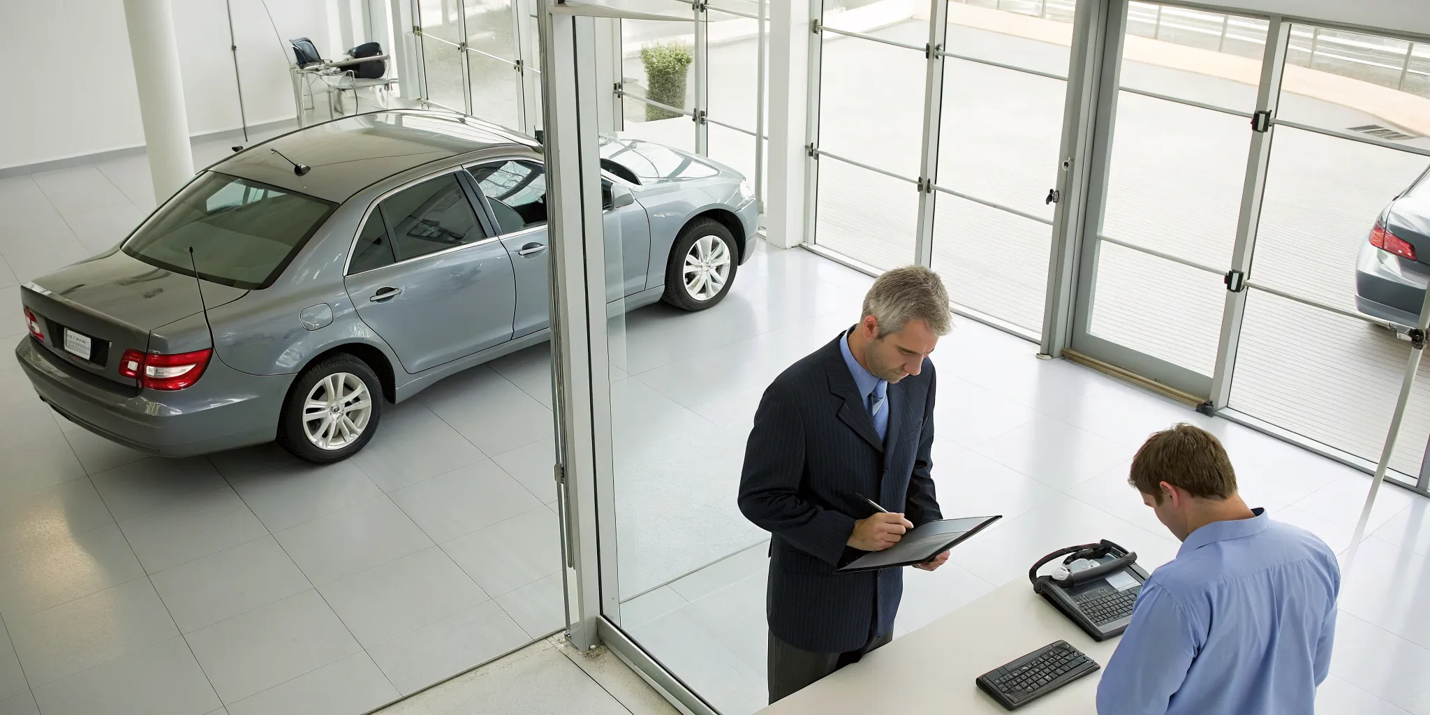 Car owner reviewing paperwork for a Tennessee diminished value claim with an auto professional.
