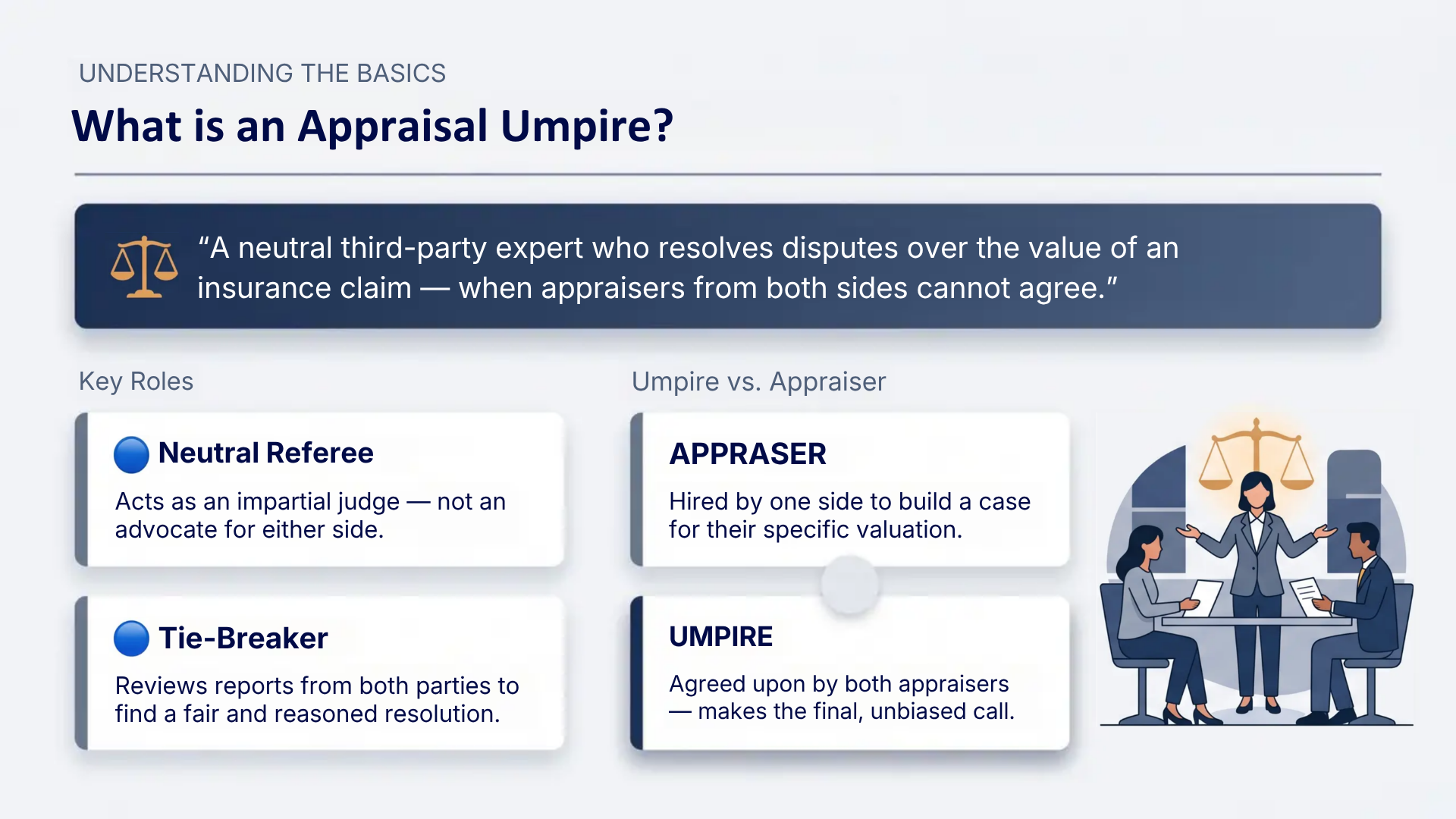 Car insurance appraisal umpire acts as a referee