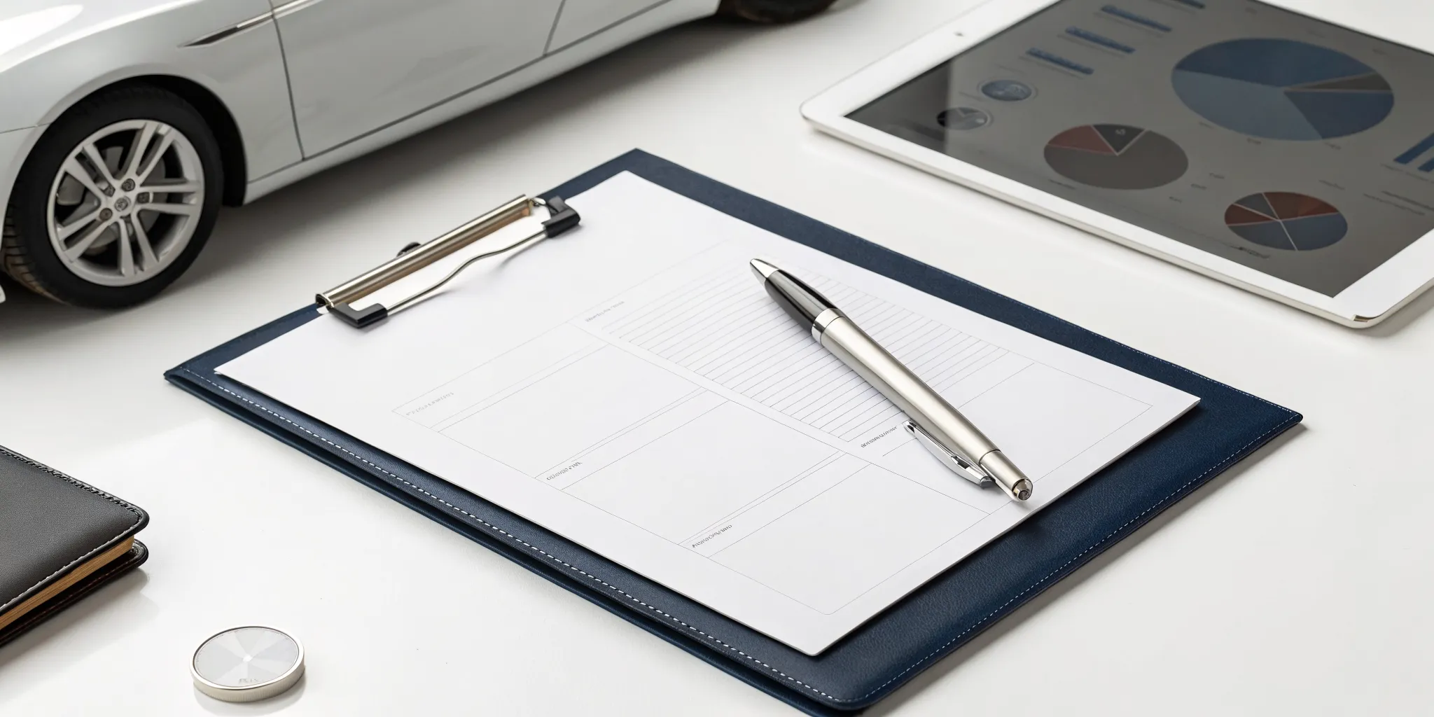 A diminished value demand letter template on a clipboard with a pen and car tire.