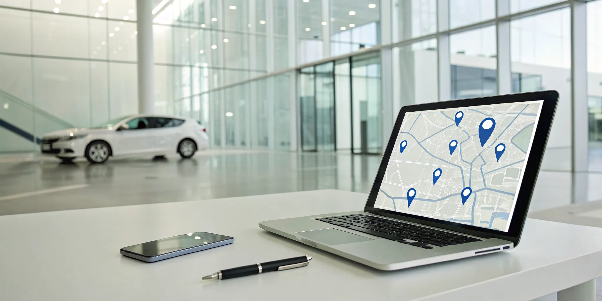 Searching for a diminished value appraisal near me on a laptop map with a car in the background.
