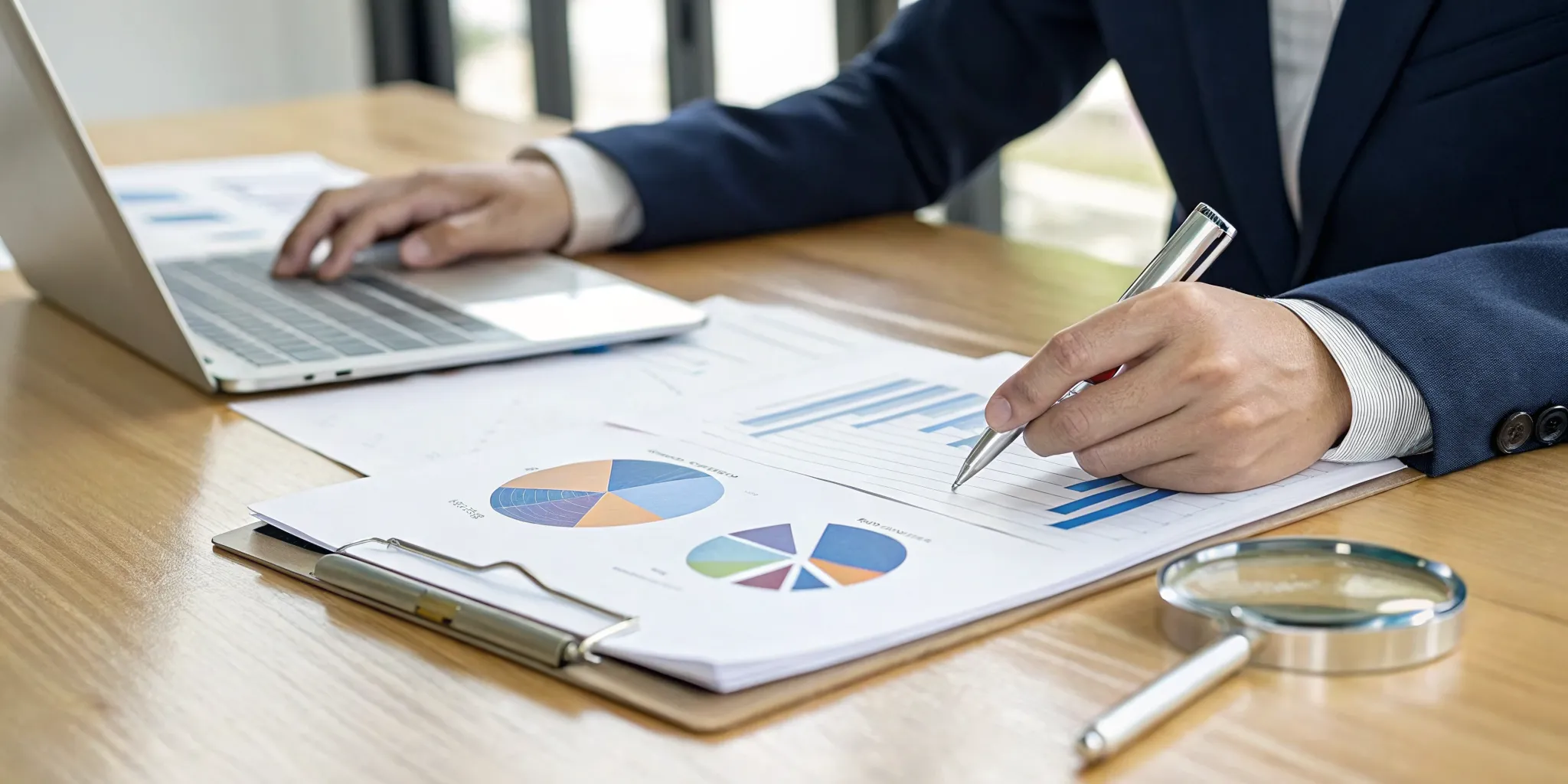 Person using a magnifying glass to review a total loss valuation report for accuracy.