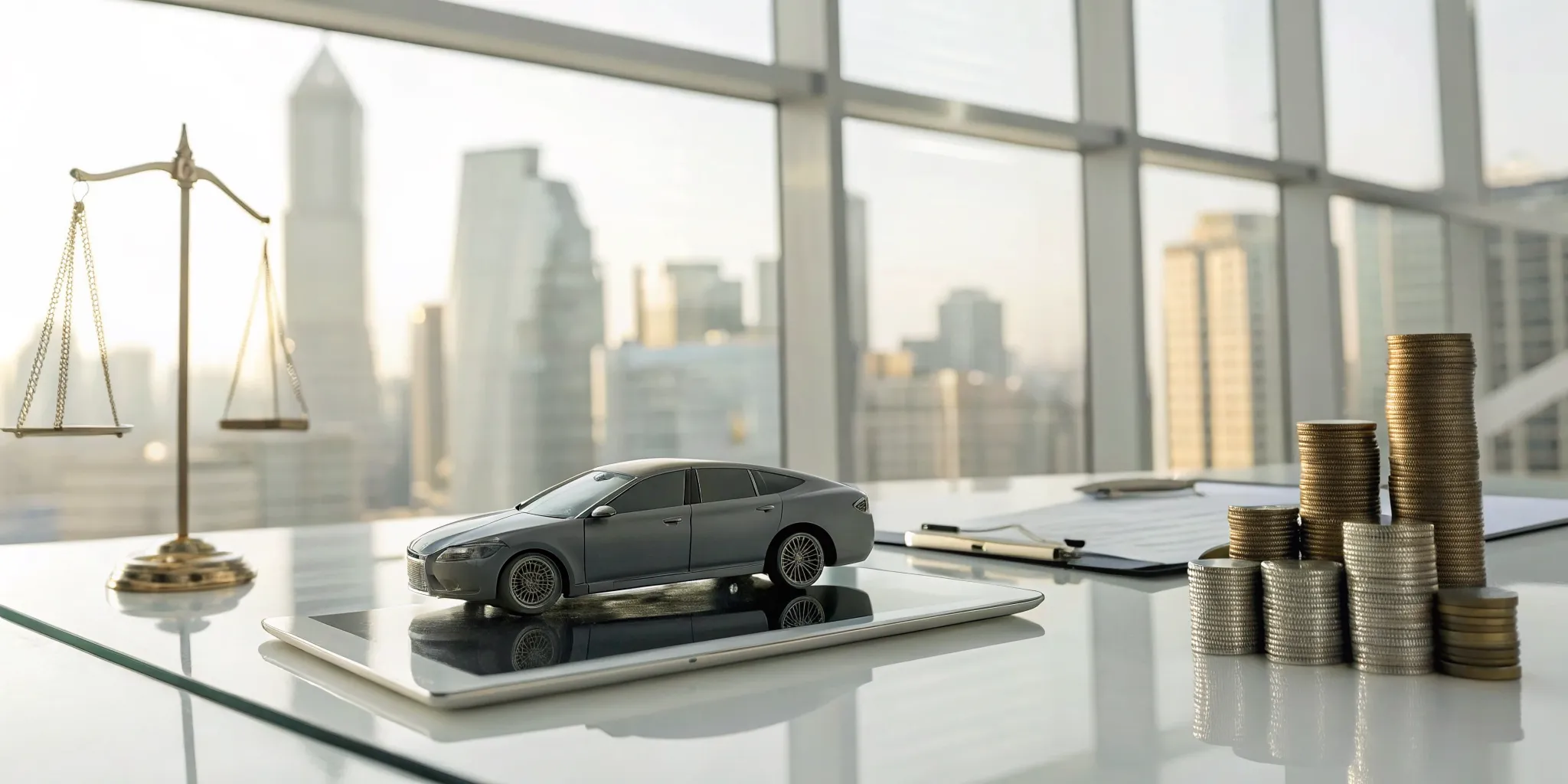 Scales of justice weighing a model car against coins for a loss of value claim.