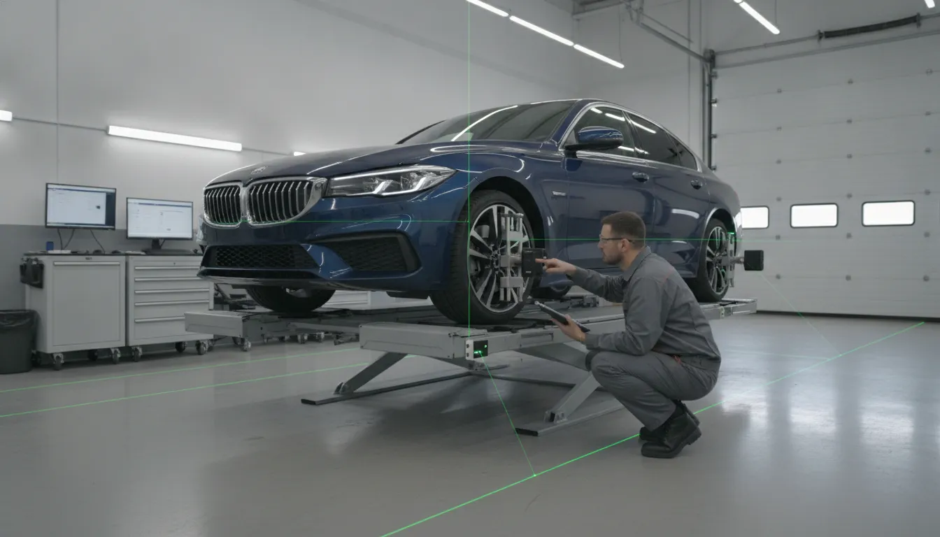 Technician inspecting a repaired car frame on an alignment rack