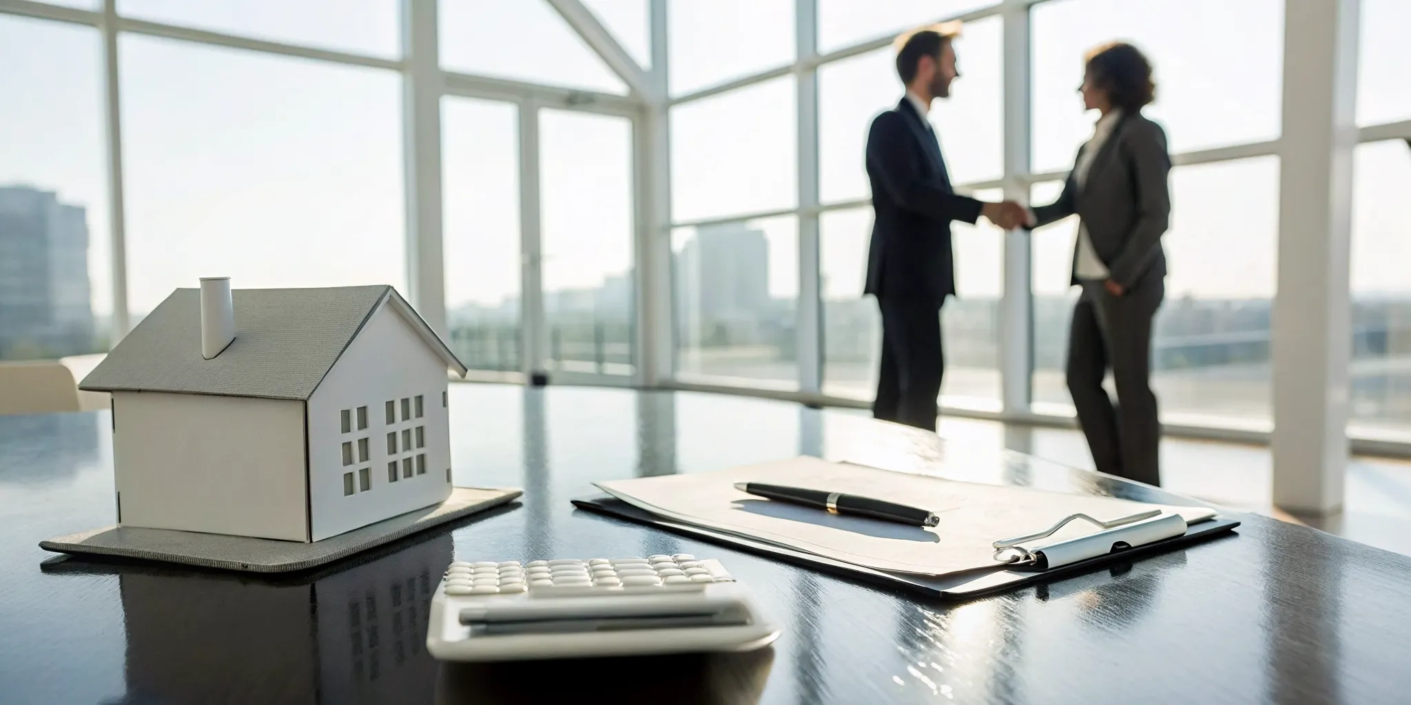Finalizing a fair property damage settlement with a handshake over a desk with a model house and calculator.