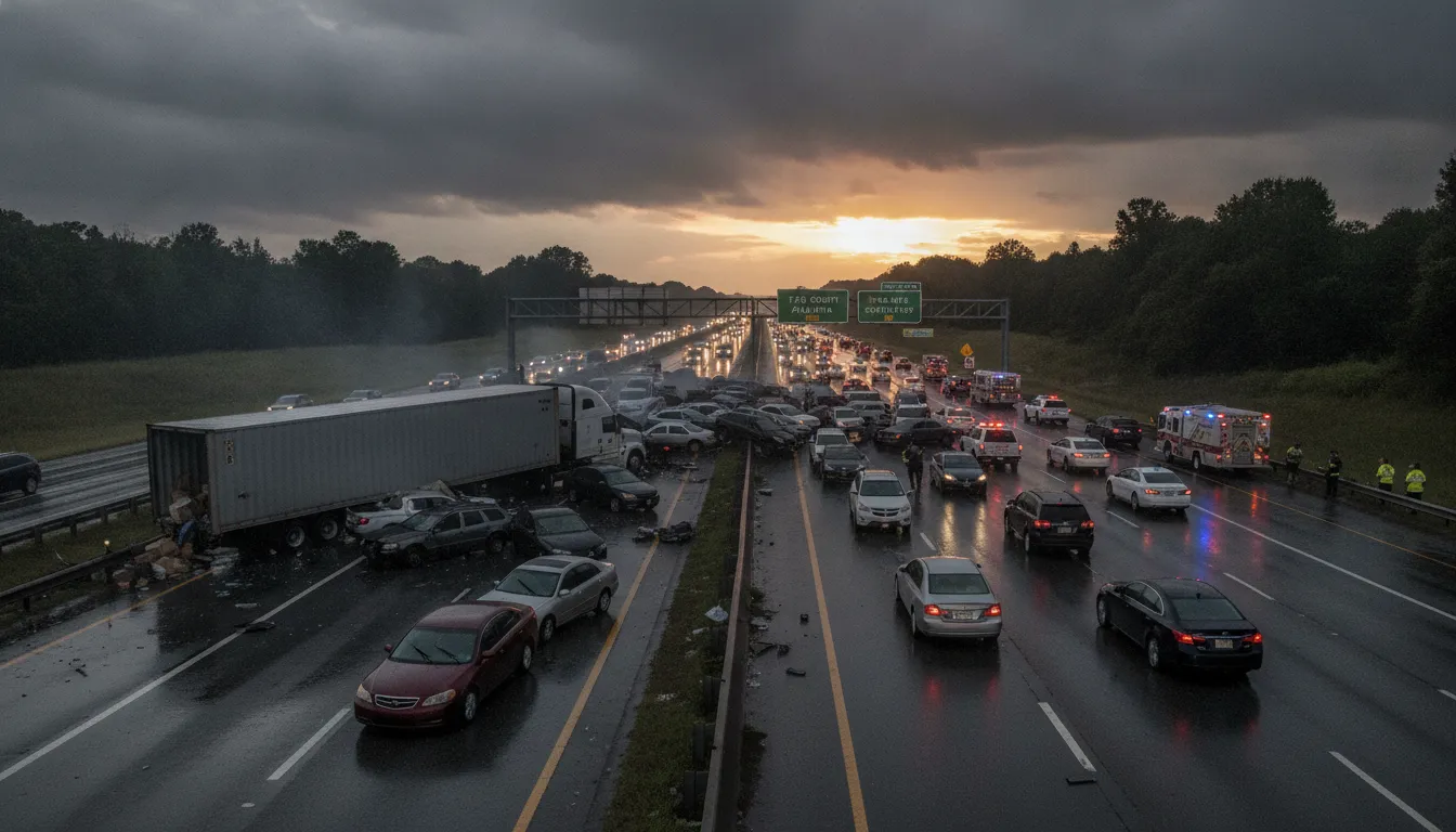 Multi-car pileup on a Georgia highway showing several damaged vehicles
