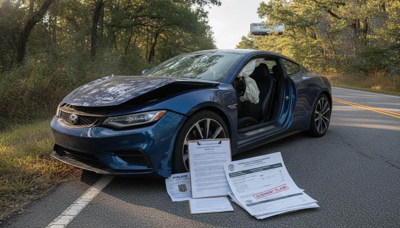 Car with accident damage parked on a Georgia road with insurance documents