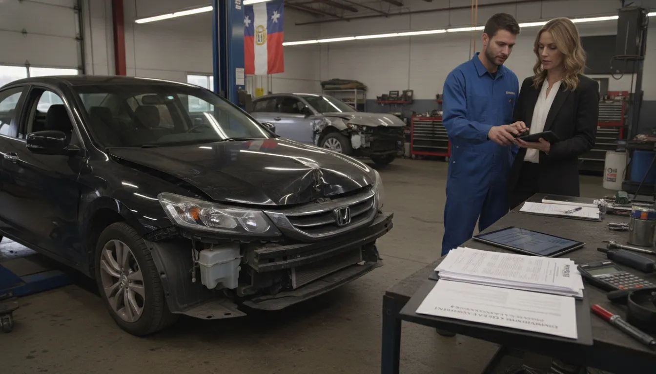 Damaged car in a Georgia auto repair shop with legal documents and calculator representing diminished value claim assessment