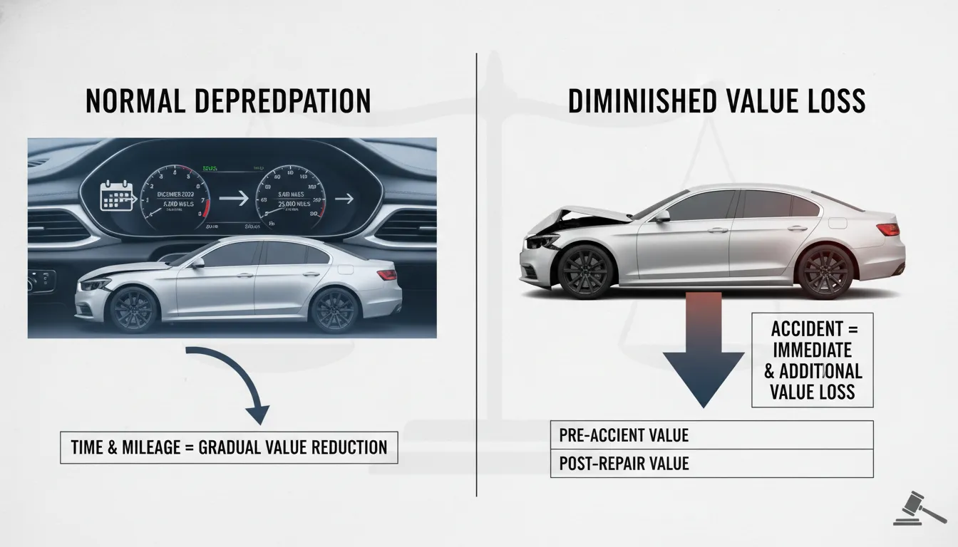 Split comparison illustration of a car losing value from normal depreciation versus accident-related diminished value
