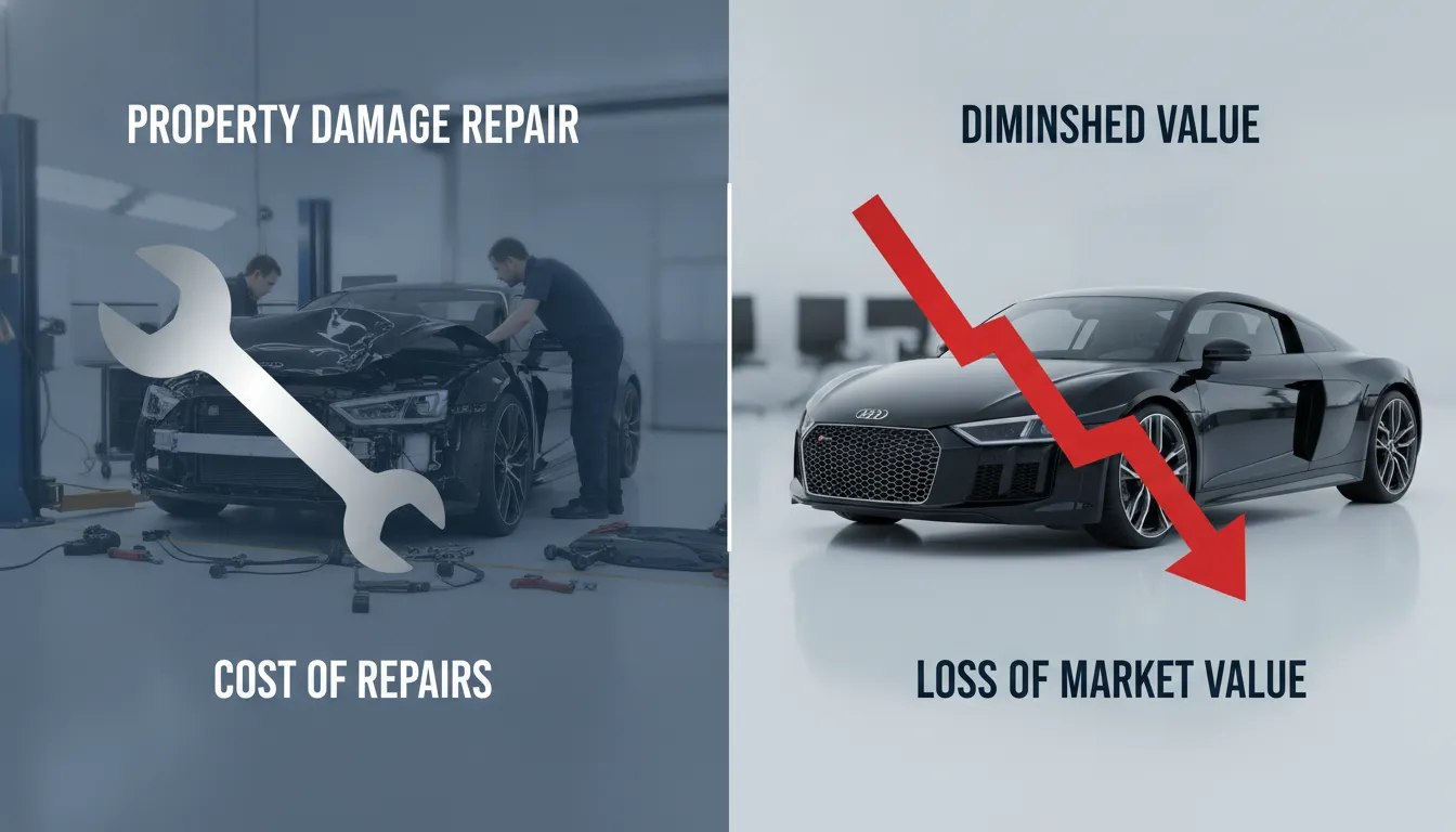 Side-by-side illustration comparing car repair and diminished market value after an accident