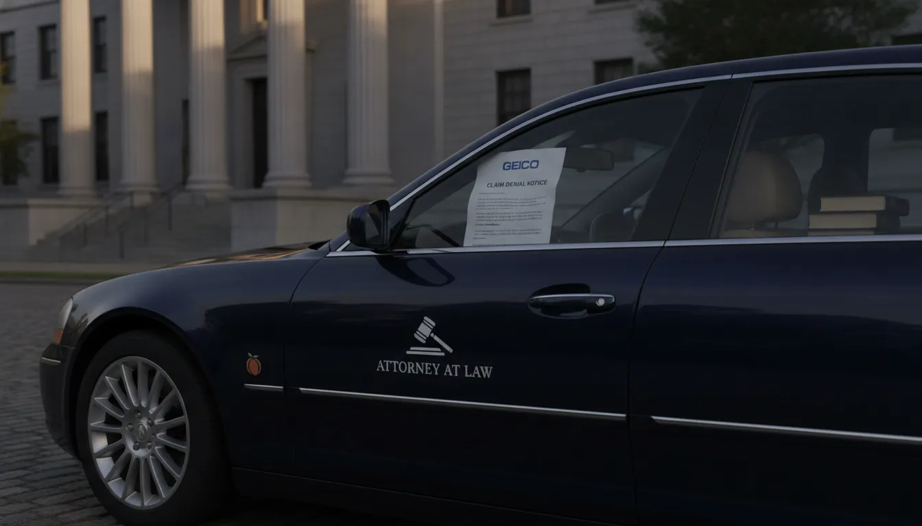 Car with a Geico denial letter, Georgia license plate, legal professional theme