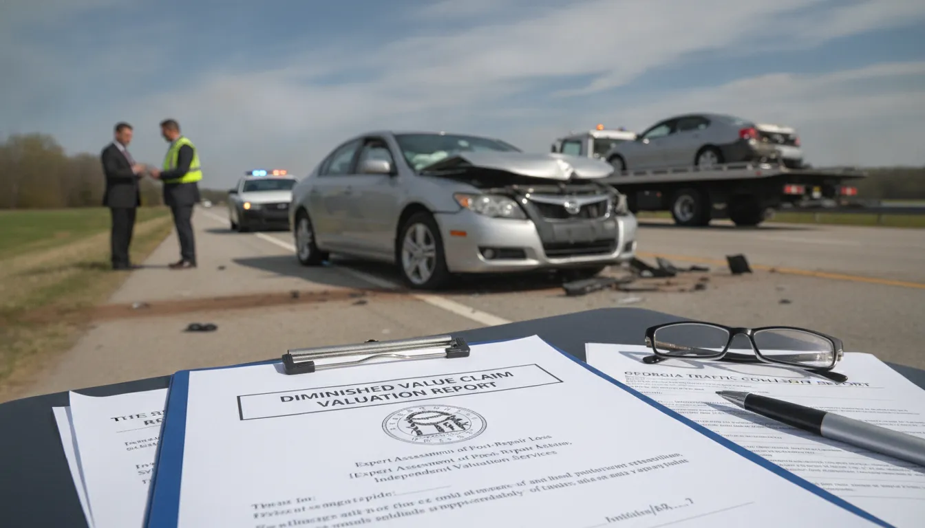 Car accident in Georgia with legal documents showing diminished value claim assessment