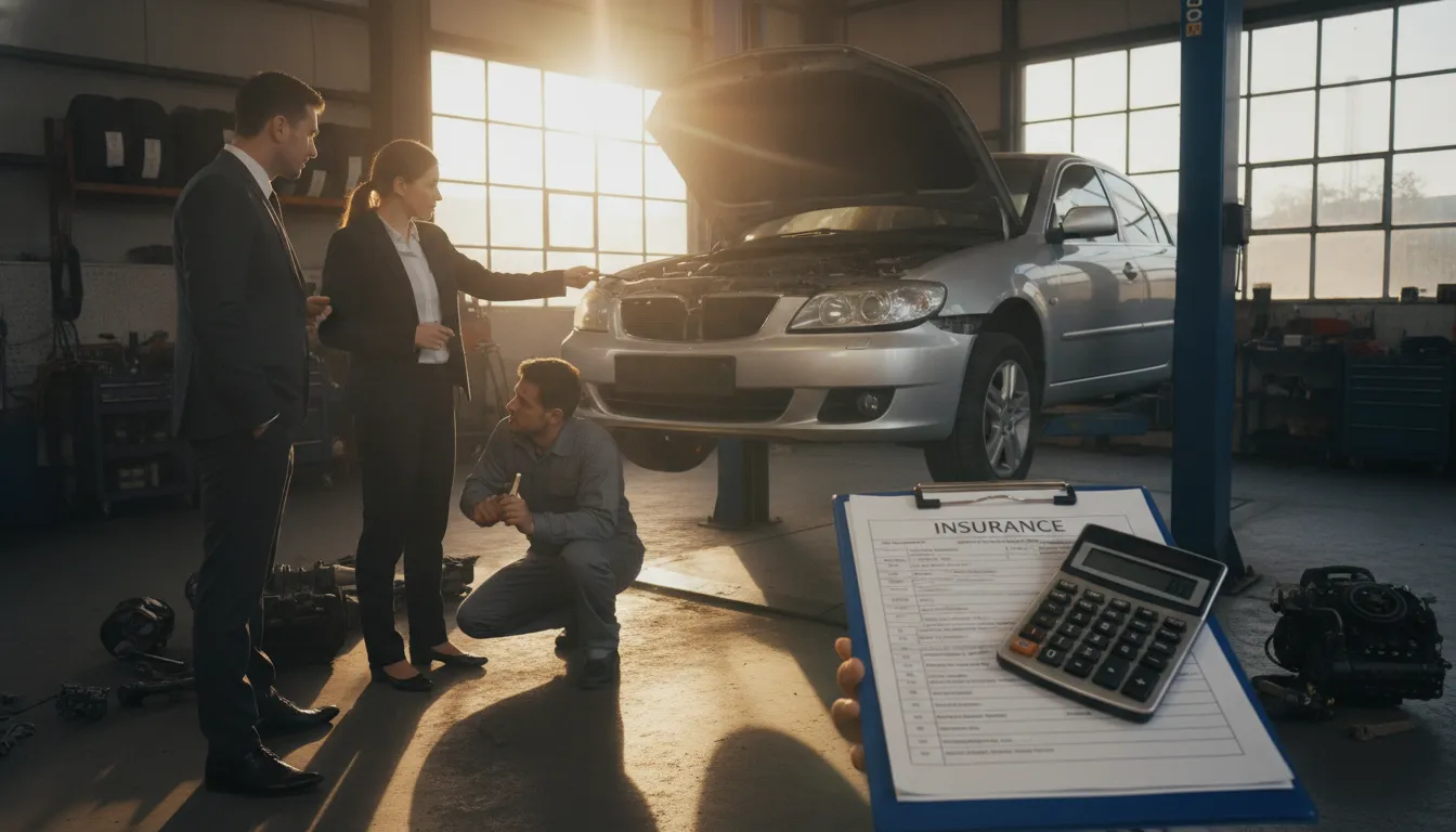 Car being inspected at a repair shop with insurance documents on the hood