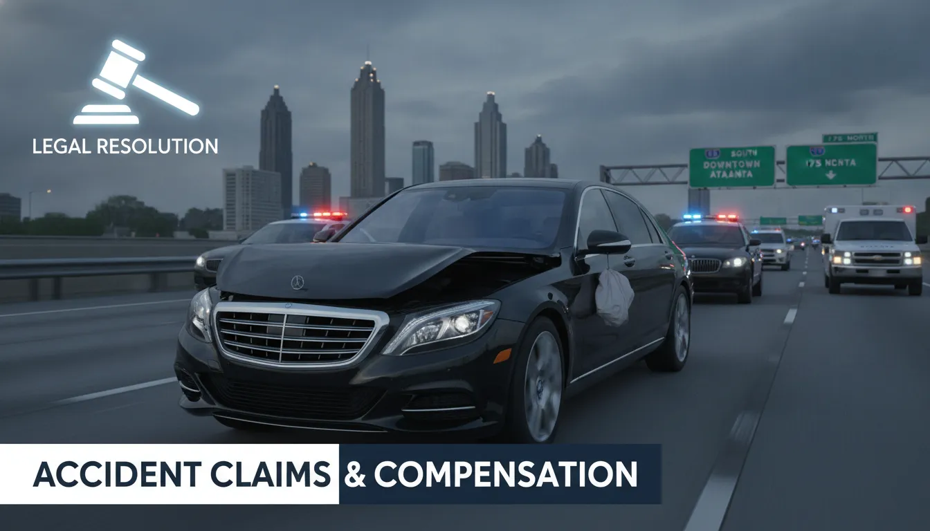 Collision damage on a luxury sedan on an Atlanta highway with legal concept overlay