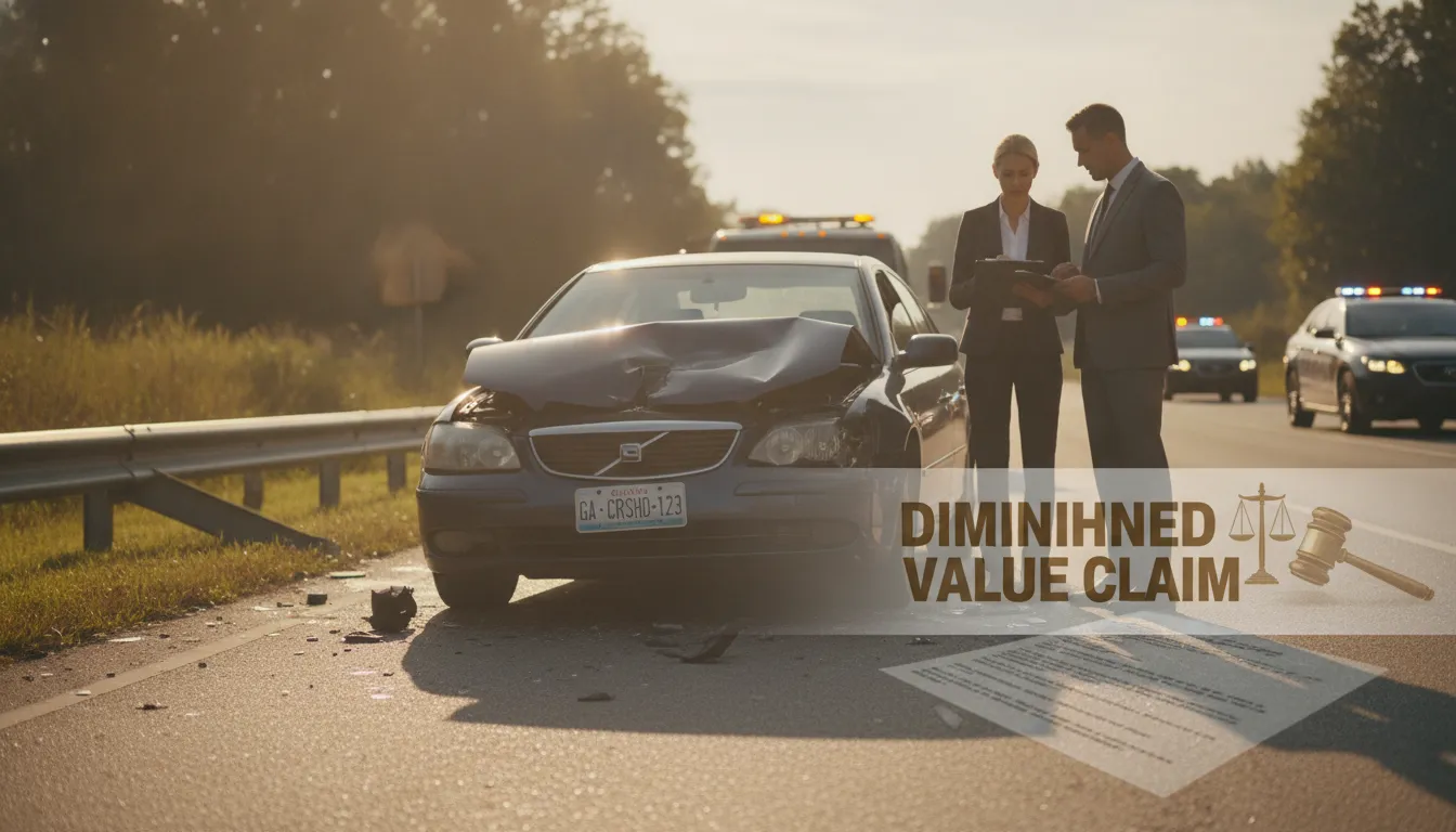 Georgia car accident scene with legal document overlay representing diminished value claims