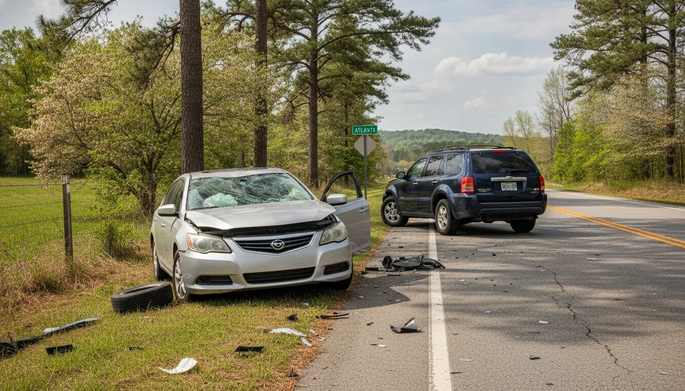 Damaged car on a Georgia roadside after a collision