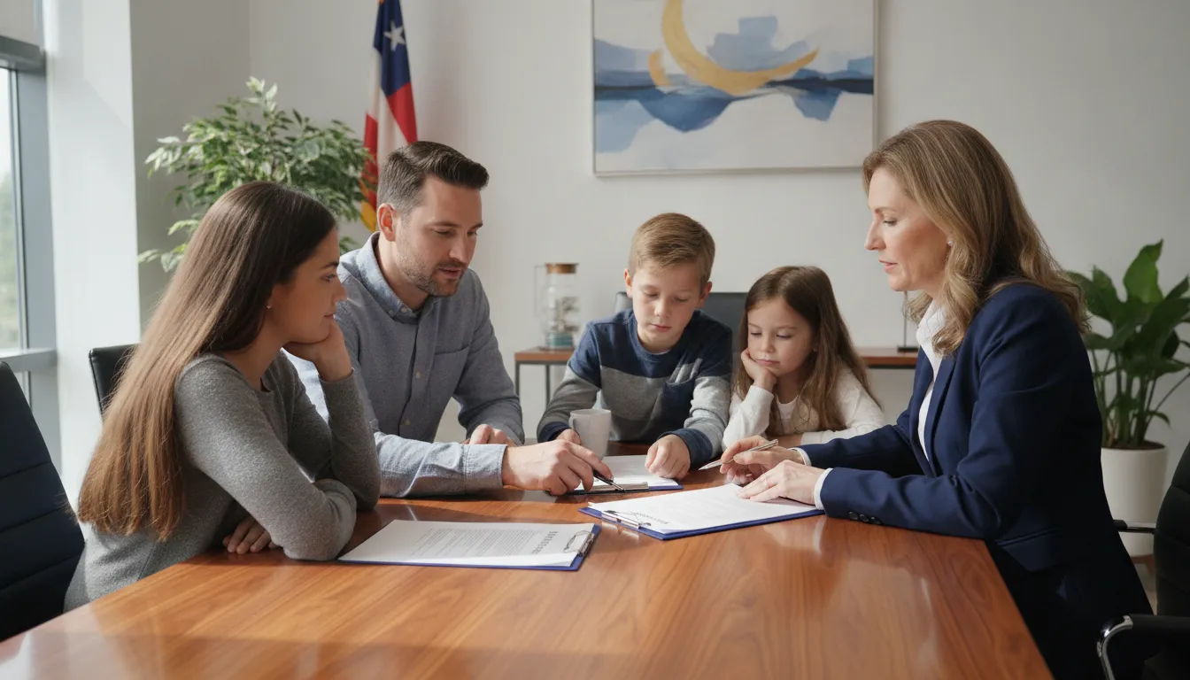 Georgia family reviewing car paperwork with a lawyer in a modern law office