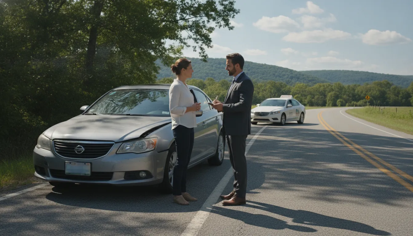 Georgia driver standing beside a damaged sedan and a comparable rental car after an accident