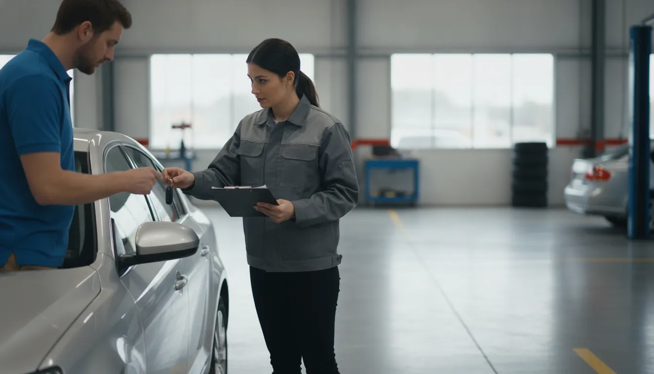 Vehicle owner reviewing an independent diminished value appraisal report with an appraiser in an inspection bay