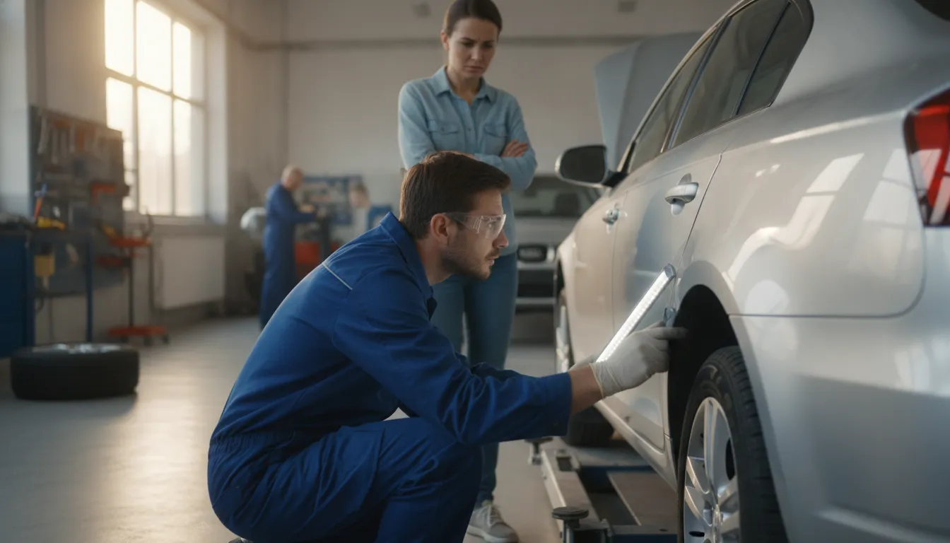 Auto damage appraiser inspecting a repaired vehicle in a professional body shop bay