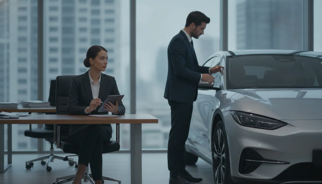 Automotive claims specialist reviewing vehicle condition notes beside a parked car