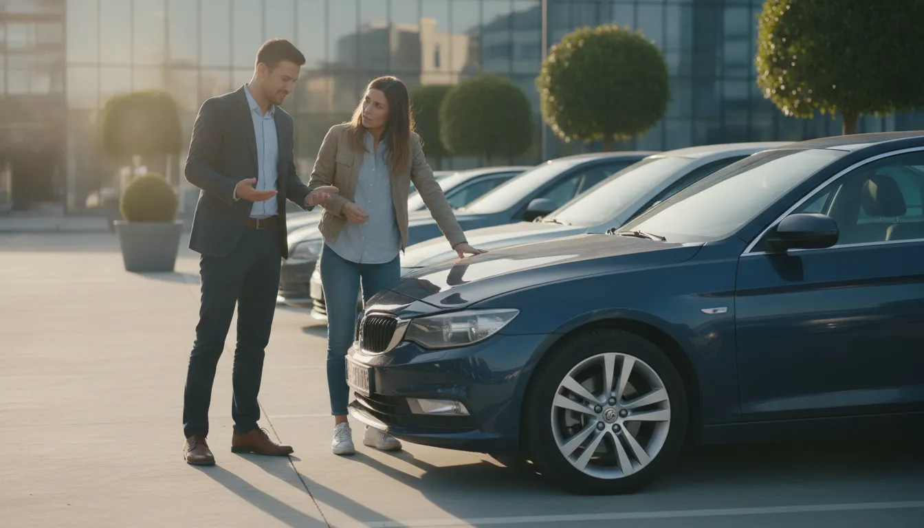 Car owner discussing a totaled vehicle settlement with an insurance advisor after an accident