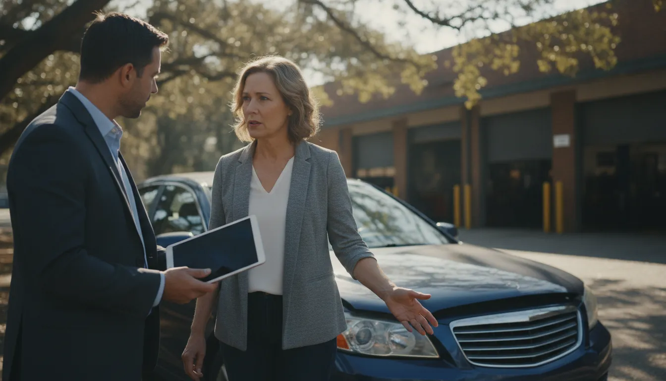 Car owner reviewing vehicle damage with a claims advisor outside a Georgia repair shop