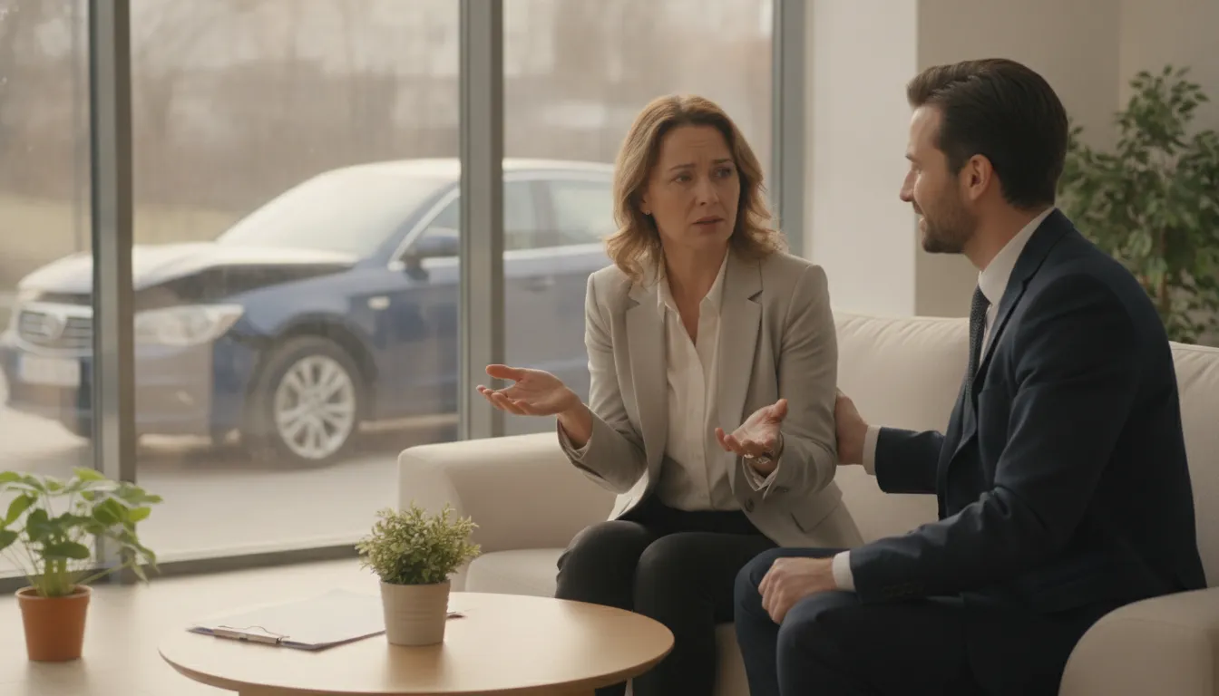 Vehicle owner meeting with a legal advisor about keeping a repaired car after an auto insurance claim