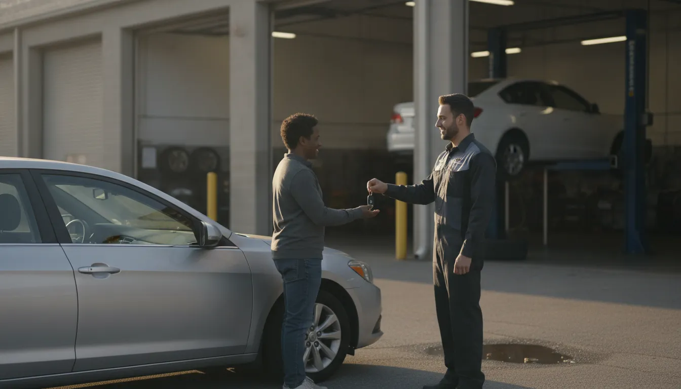 Georgia vehicle owner at a repair shop discussing rental transportation after an accident