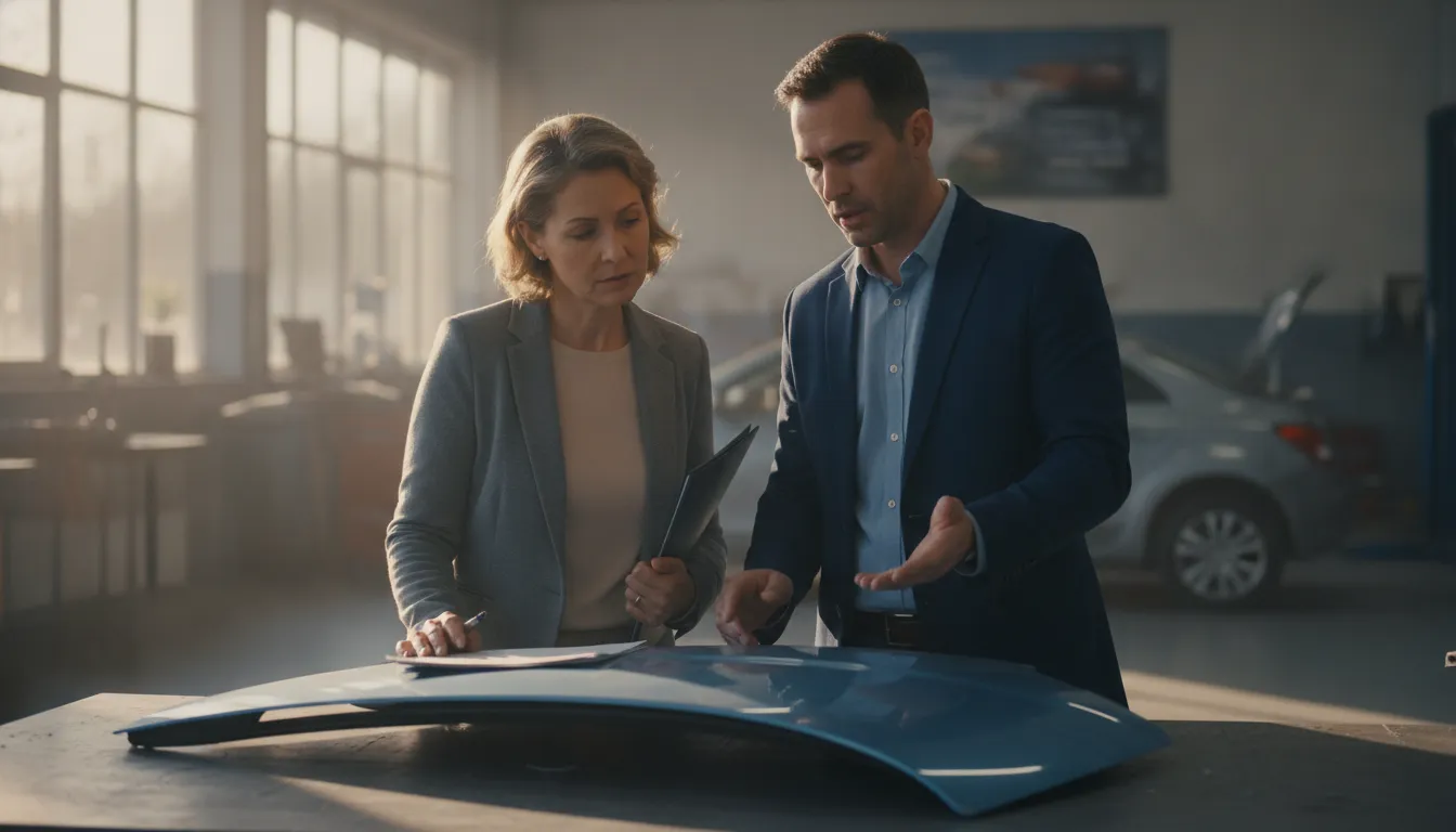 A Georgia vehicle owner reviewing a property damage claim packet with an insurance adjuster at a body repair shop