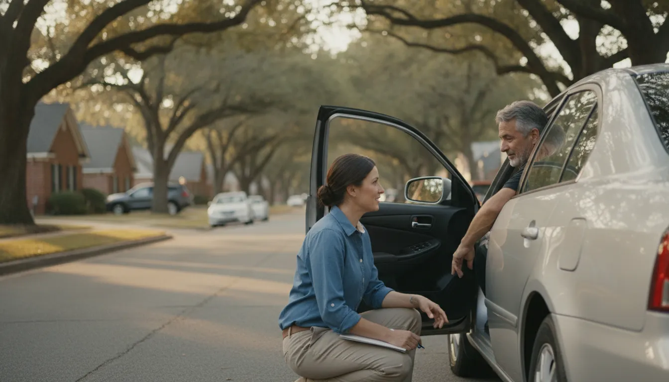 Claims adjuster speaking with a driver at the roadside in a Georgia neighborhood after an accident
