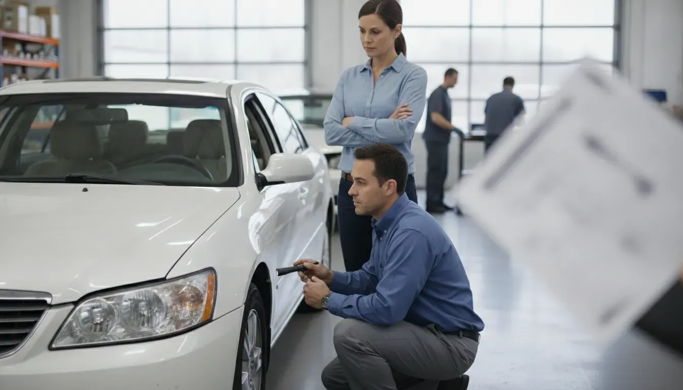 Georgia driver and claims professional inspecting a damaged vehicle to determine total loss